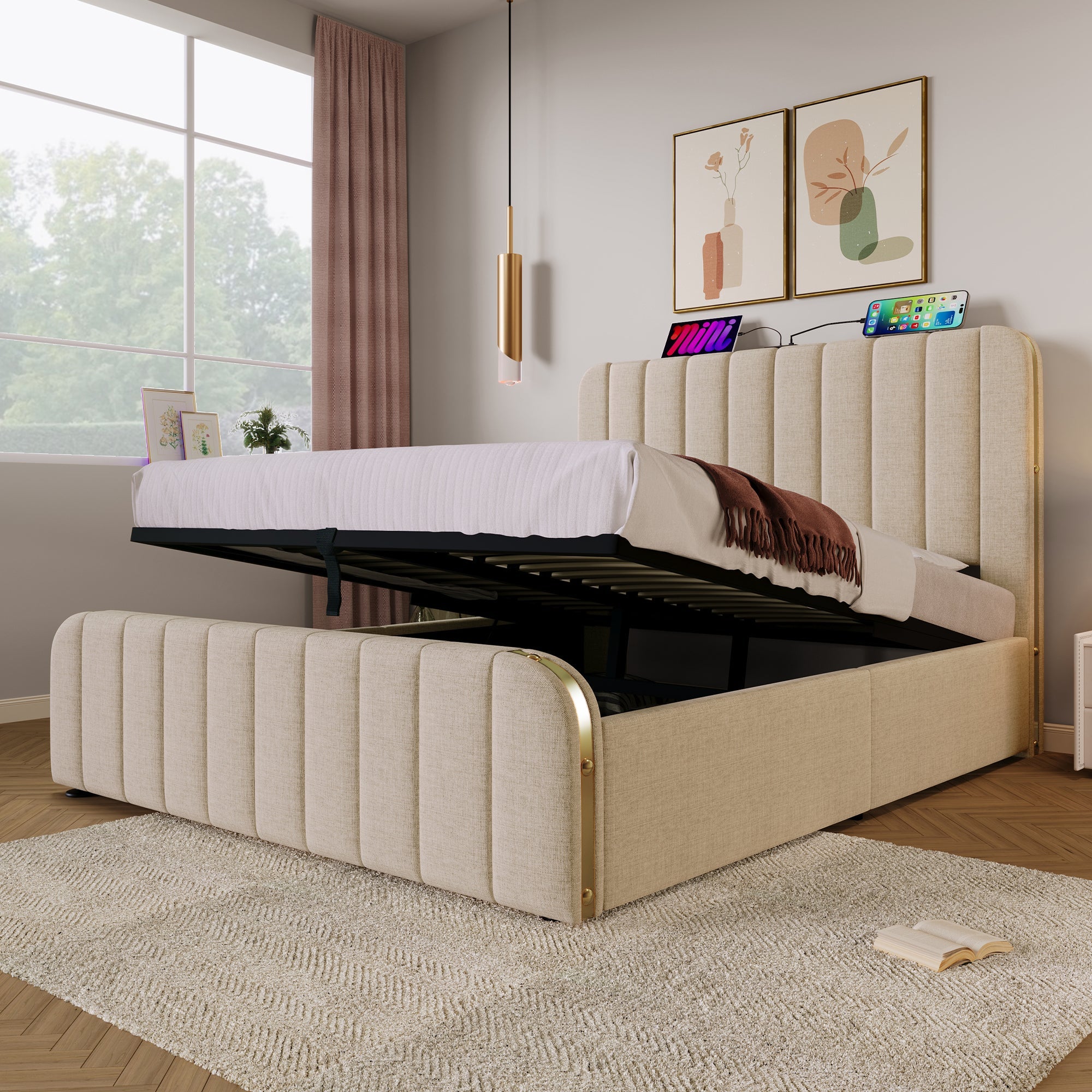 Logidon gestoffeerd bed 140x200 cm beige linnen USB Type-C oplaadfunctie hoofdeinde