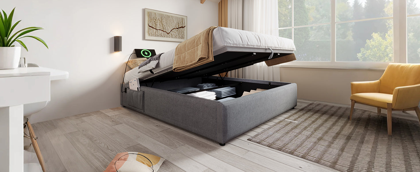 Logidon upholstered bed 160x200 gray with USB C and full-surface slatted frame