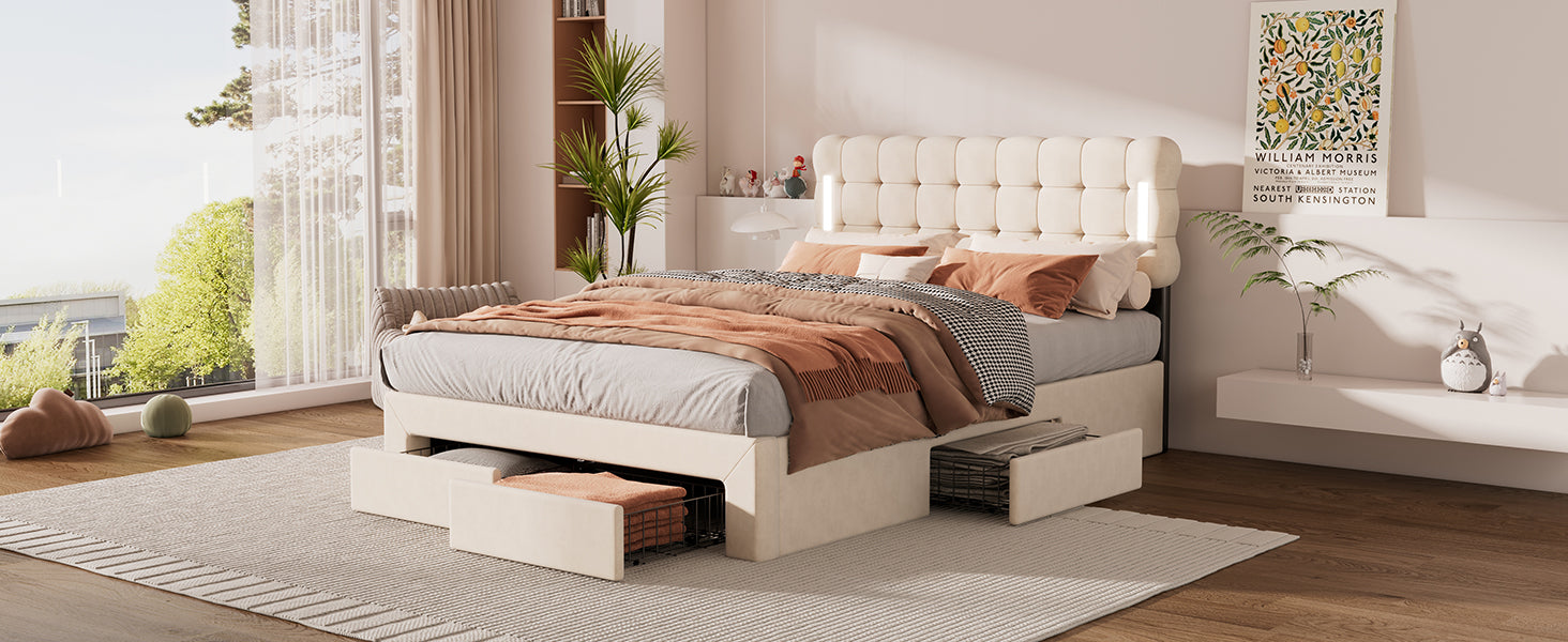 Logidon Flat Bed 140x200 Beige Velvet With Lighting And 4 Drawers