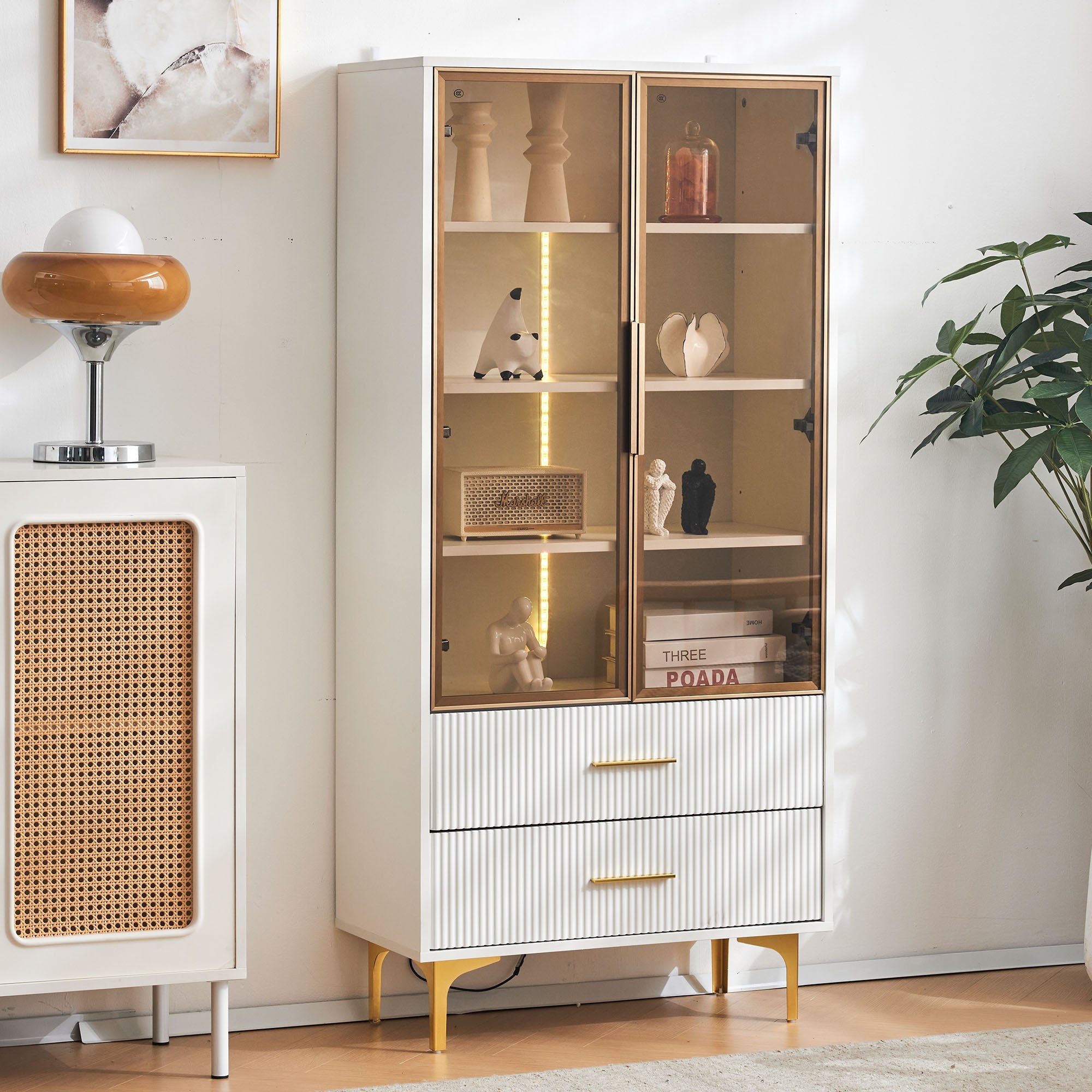 Logidon Elegant White Glass Display Cabinet 70x35x150 cm Teal Glass Doors