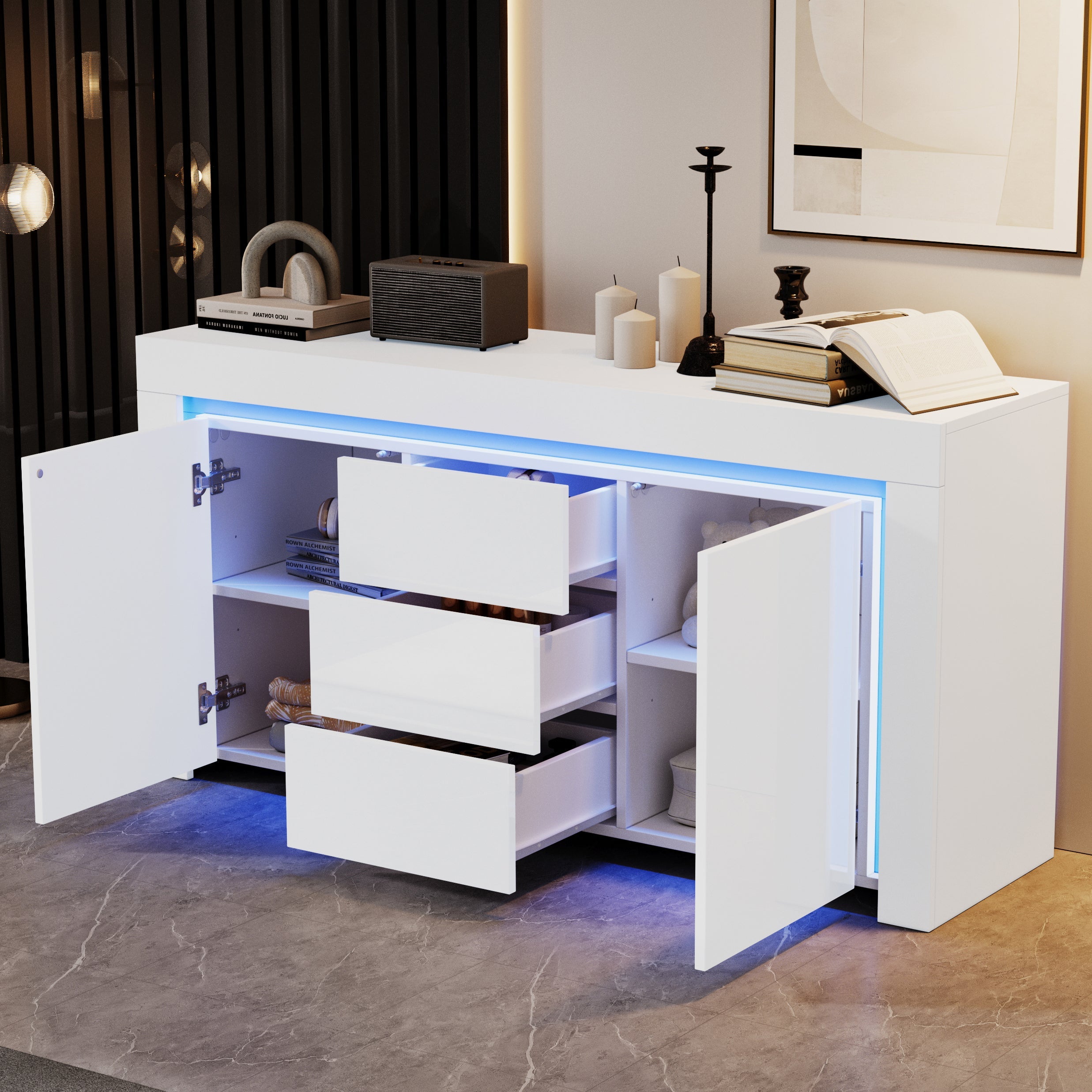Logidon wit hoogglans dressoir 140x40x65 cm met LED verlichting