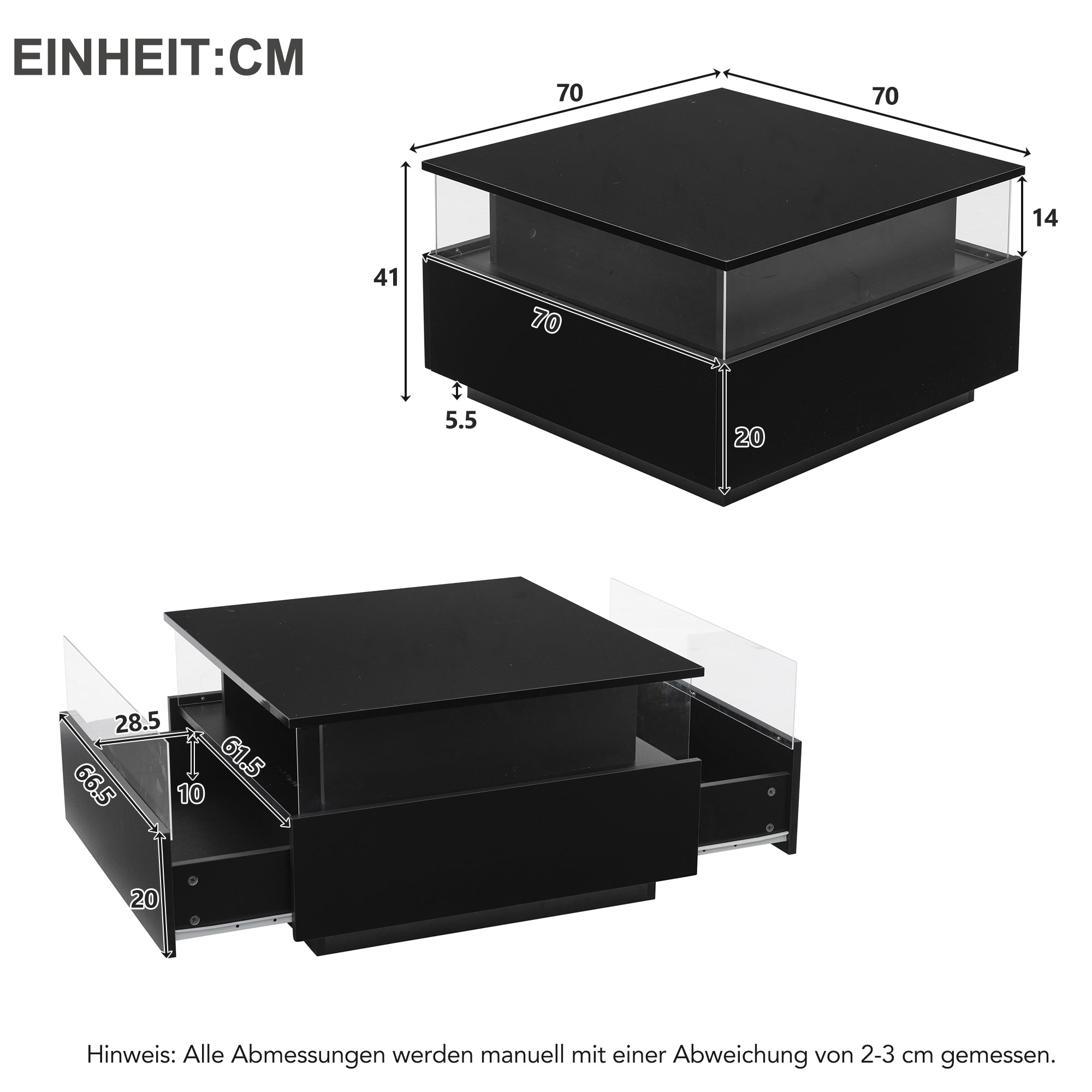 Logidon hoogglans LED salontafel 90x55x45 cm zwart 2 lades