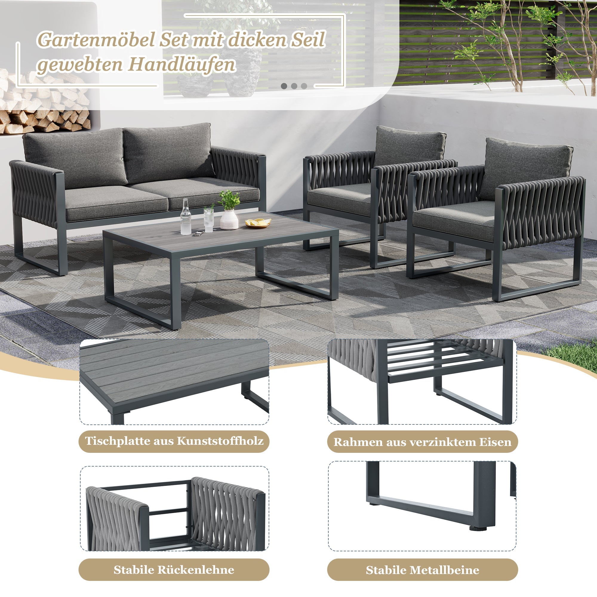 Logidon Tuinloungeset Grijs Touw met Gegalvaniseerd Ijzeren Frame Set van 4