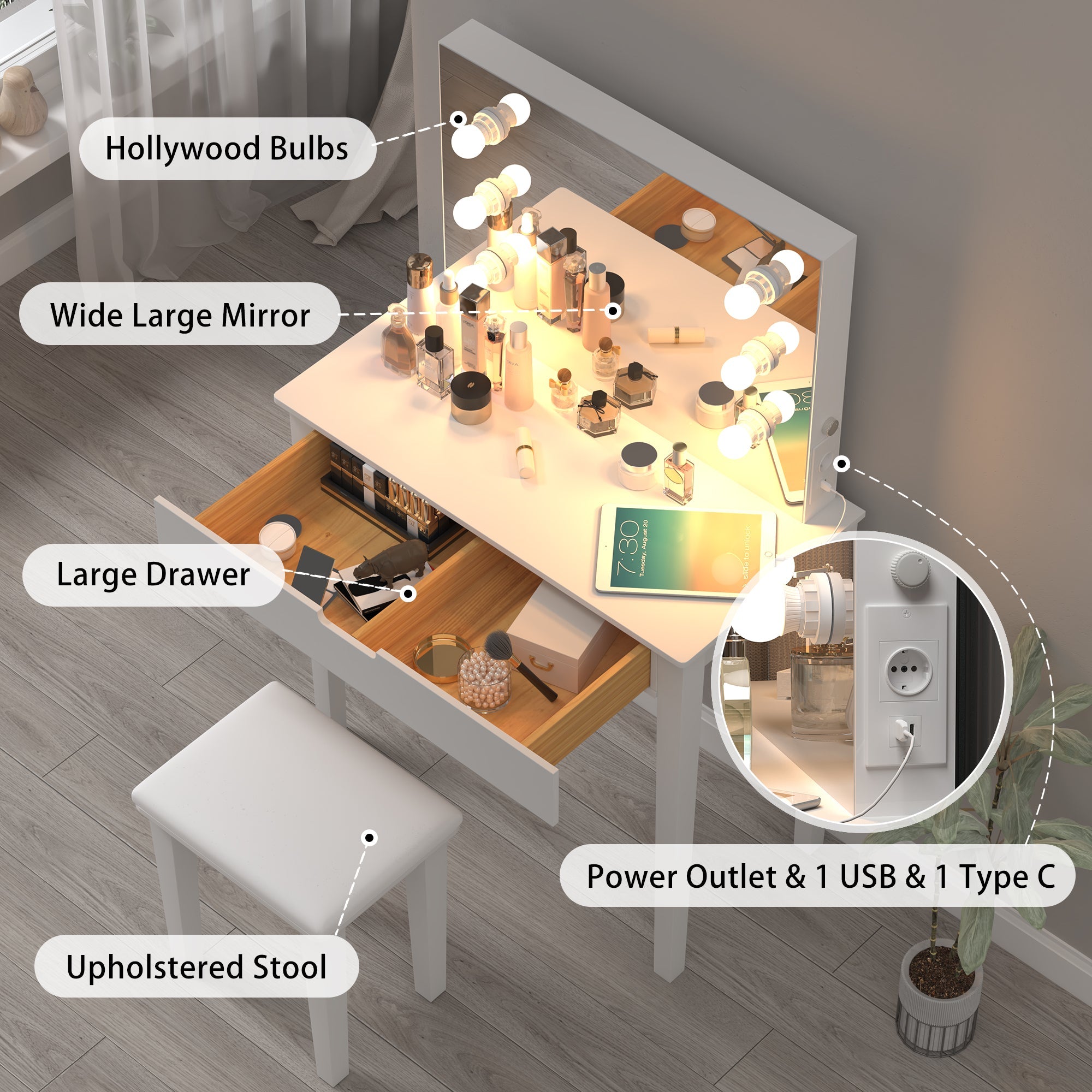 Logidon kaptafel met spiegel en stoel witte LED verlichting