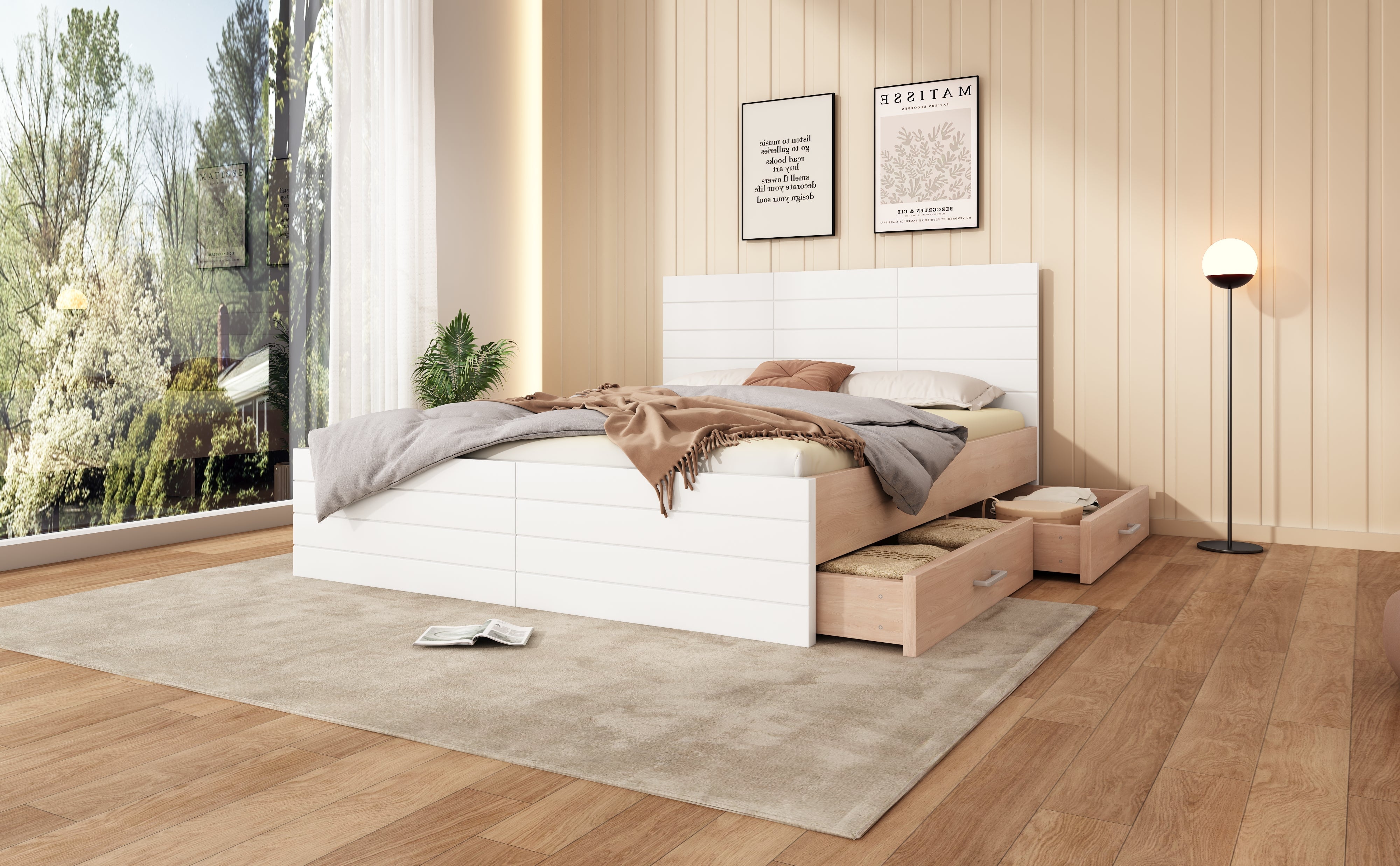 Logidon tweepersoonsbed 160x200 cm wit eiken met lattenbodem en 2 lades