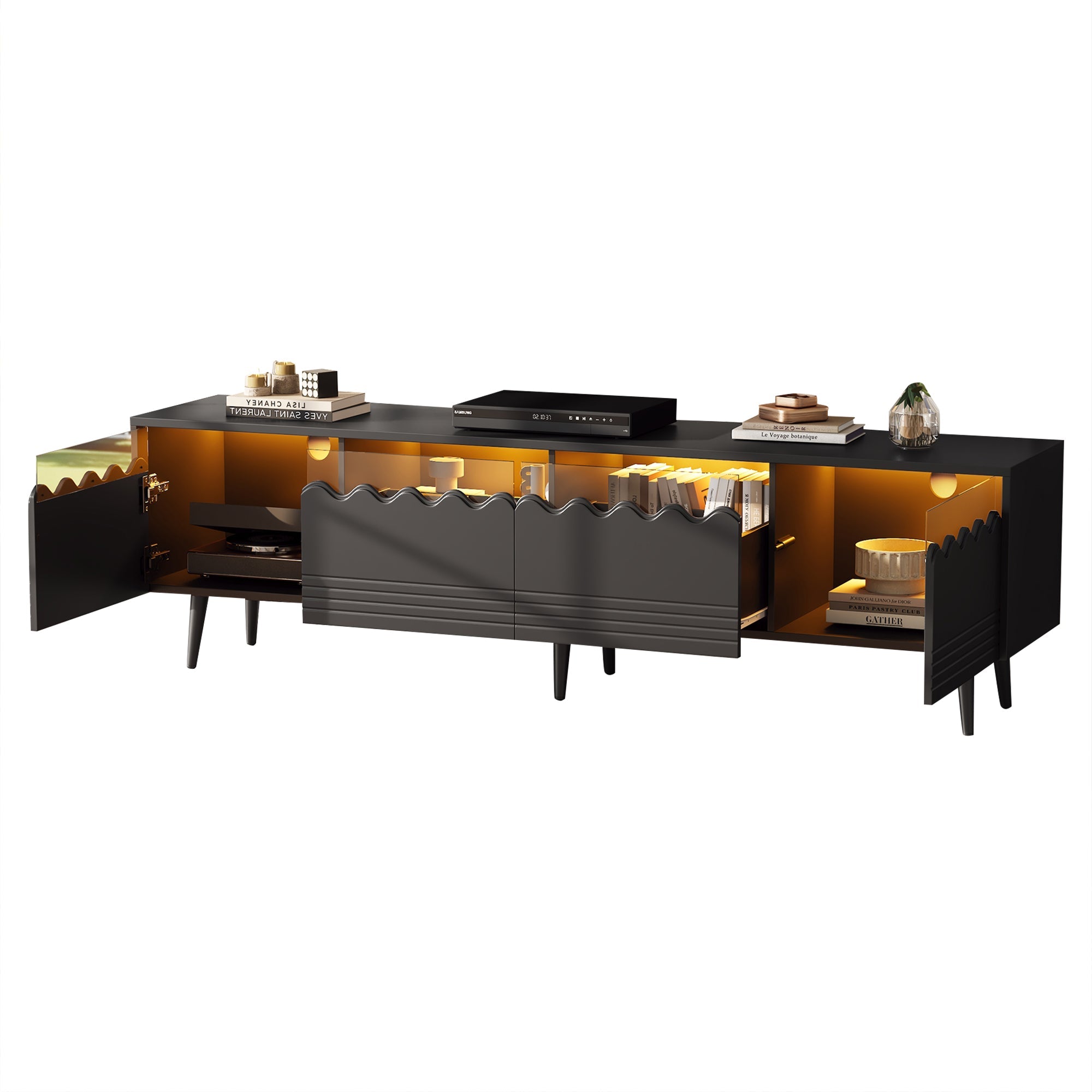 Logidon 176x38x45 cm zwart TV-lowboard met LED-verlichting
