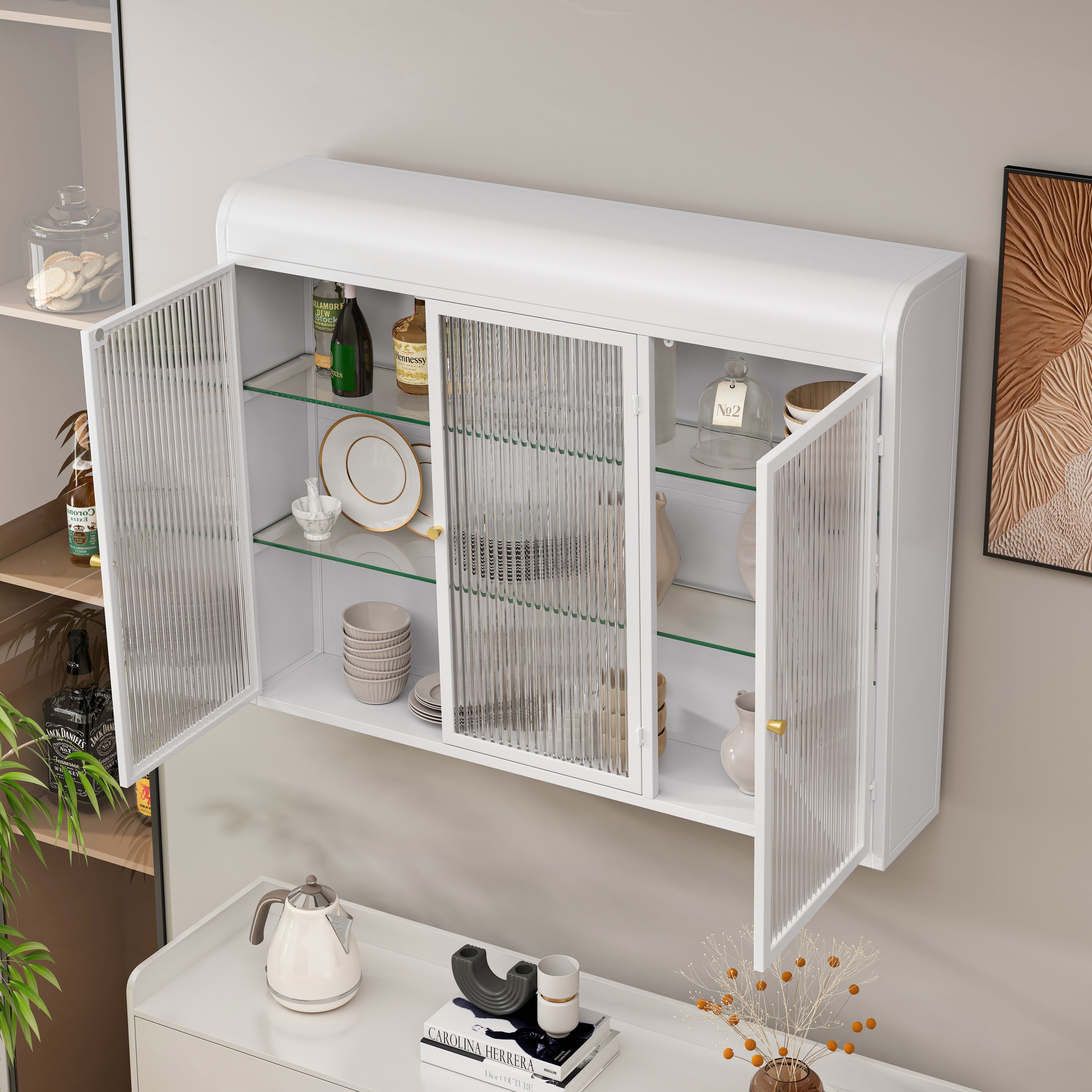 Logidon wandvitrinekast 3 deuren gebogen glas wit 90x20x70 cm