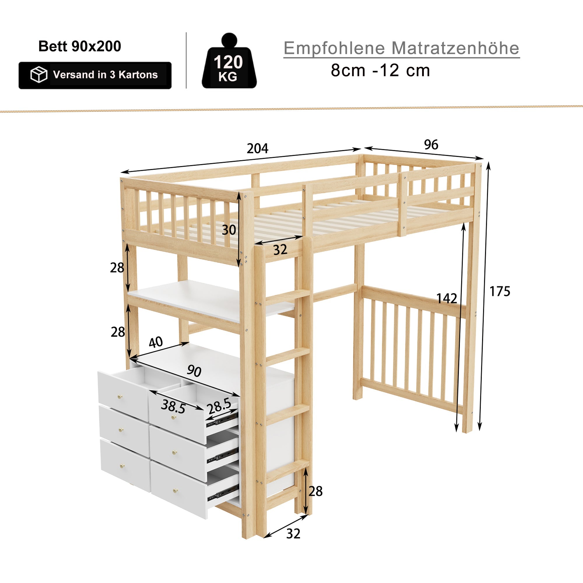 Logidon hoogslaper 90x200 cm met verticale ladderladen wit