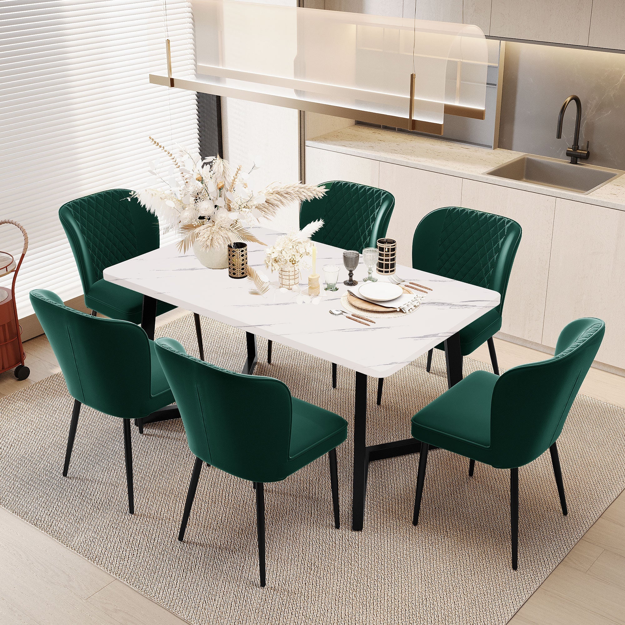 Logidon eetkamerstoelen set van 6 donkergroene fluwelen gestoffeerde stoelen met metalen frame