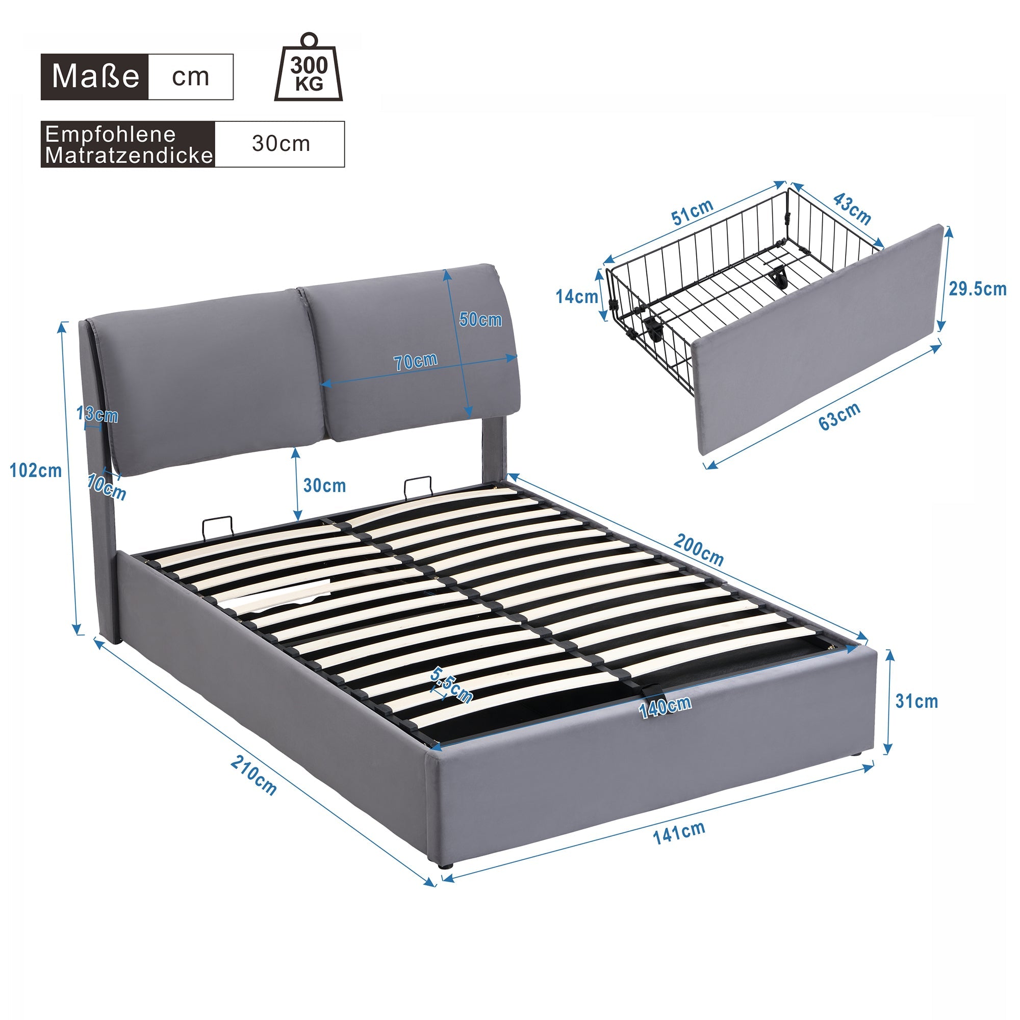 Logidon gestoffeerd bed 140x200 grijs fluweel hydraulisch met drie lades hoofdeinde