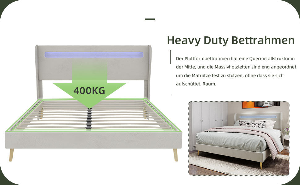 Logidon modern gestoffeerd bed beige 160x200 LED-hoofdeinde