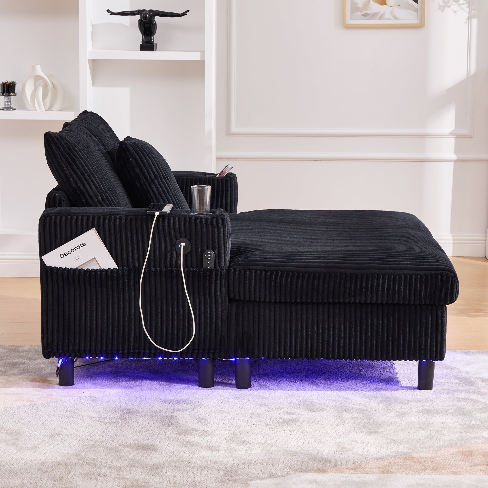 Logidon Velvet Chaise Longue Zwart met USB-oplaadpunten en LED-verlichting