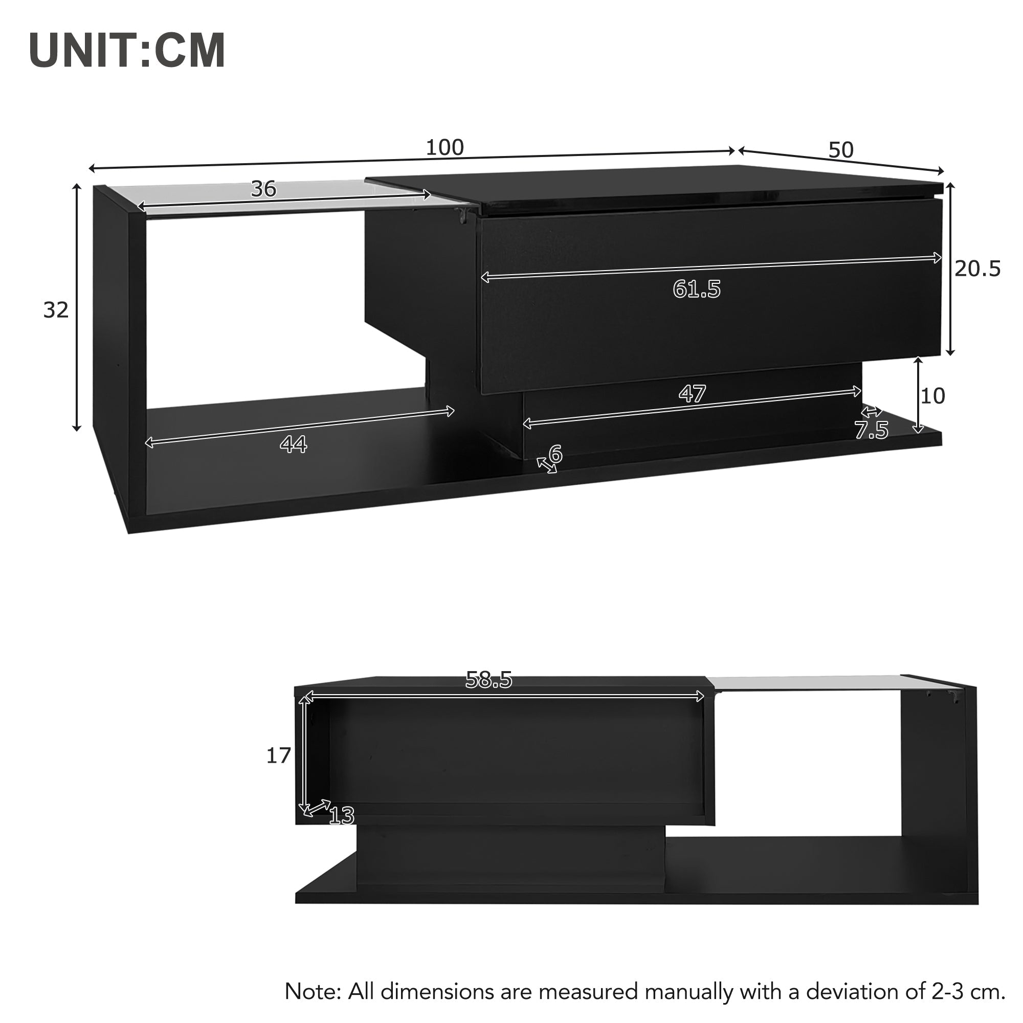Logidon hoogglans zwarte salontafel 100x50x32 cm met glazen blad LED