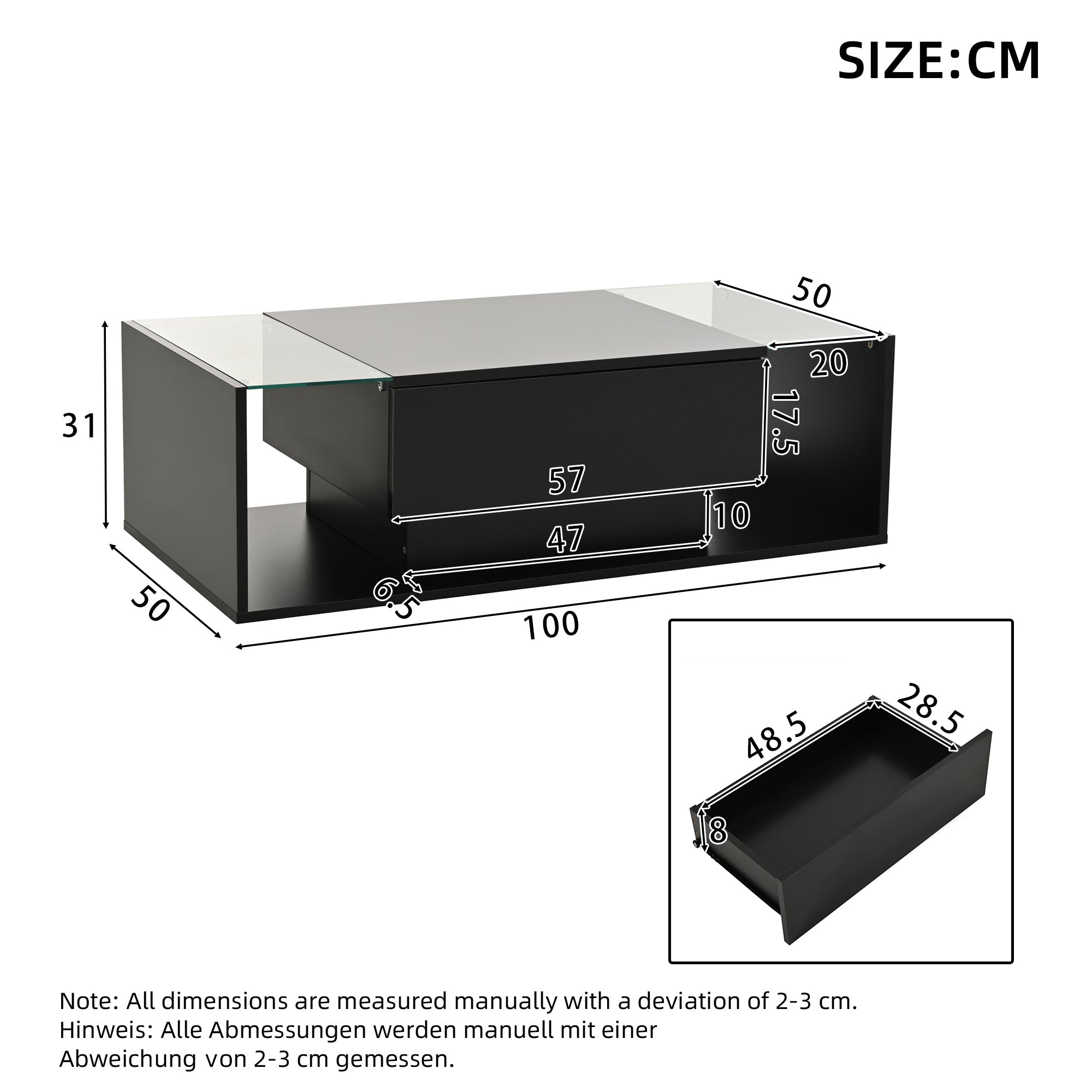 Logidon Zwarte hoogglans salontafel 100x50x31 cm met lade LED lichtstrip
