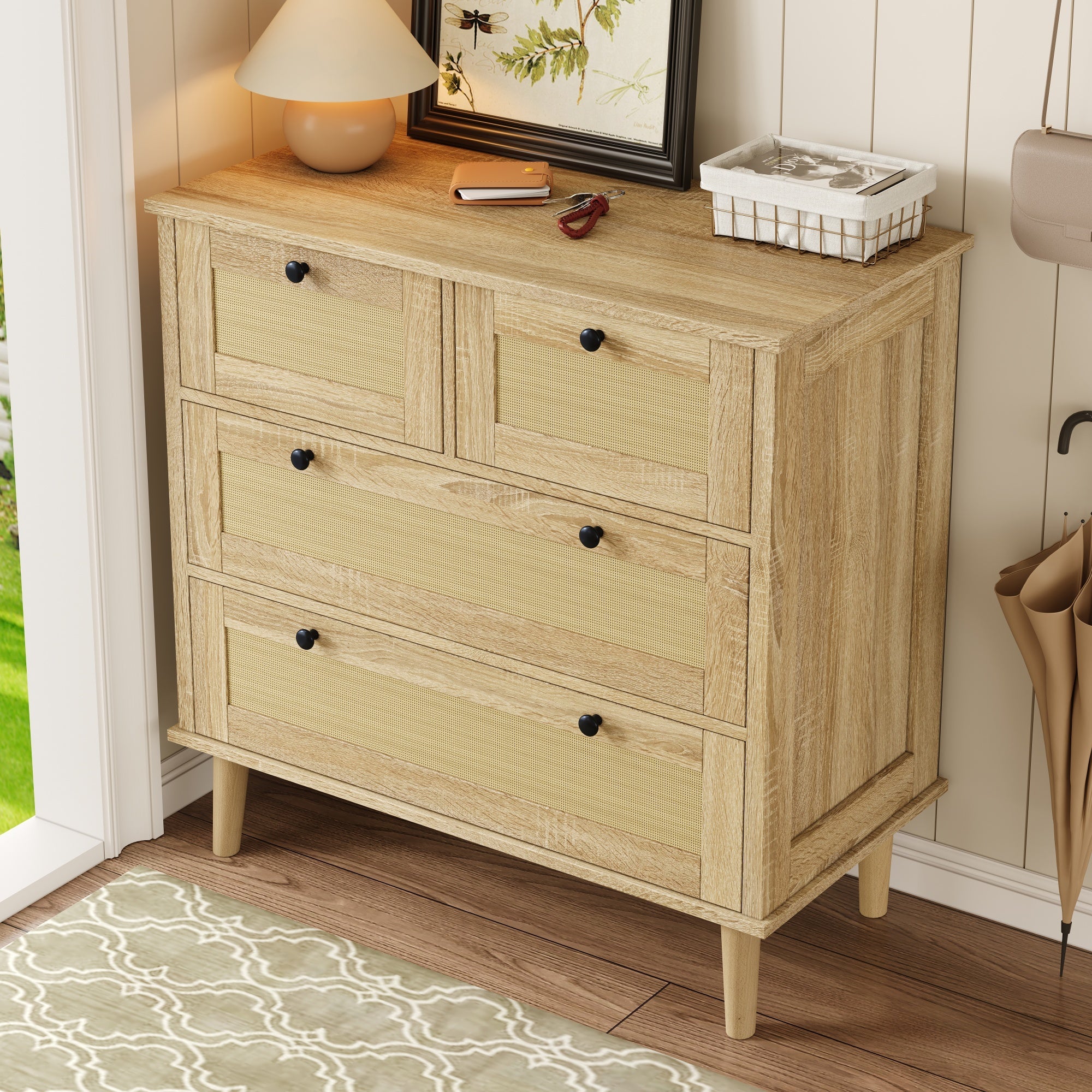 Logidon ladekast met 4 lades en rotan front naturel 80x40x80 cm