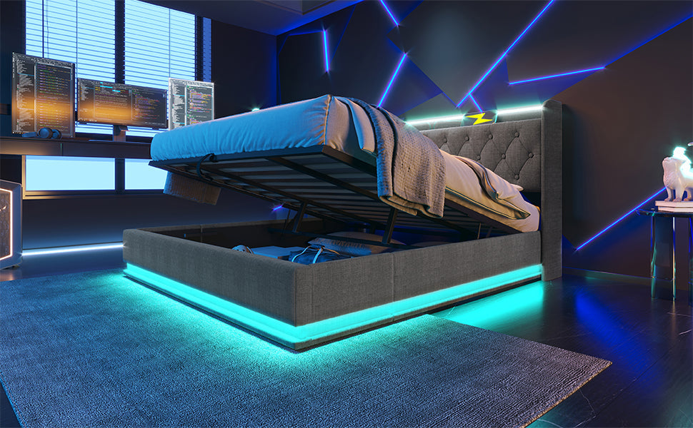 Logidon gestoffeerd bed tweepersoonsbed 180x200 cm grijs linnen LED-verlichting USB C