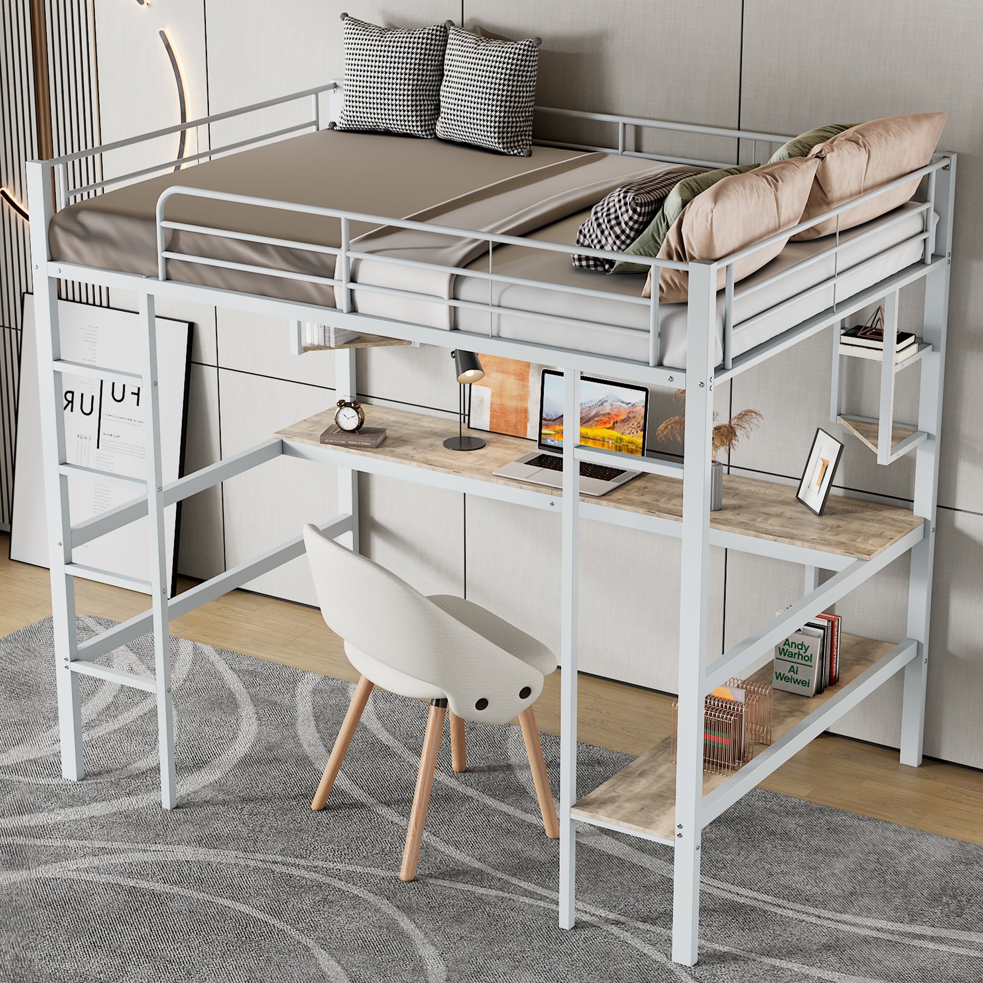 Logidon 90x200cm metal bed loft bed with desk and shelves white