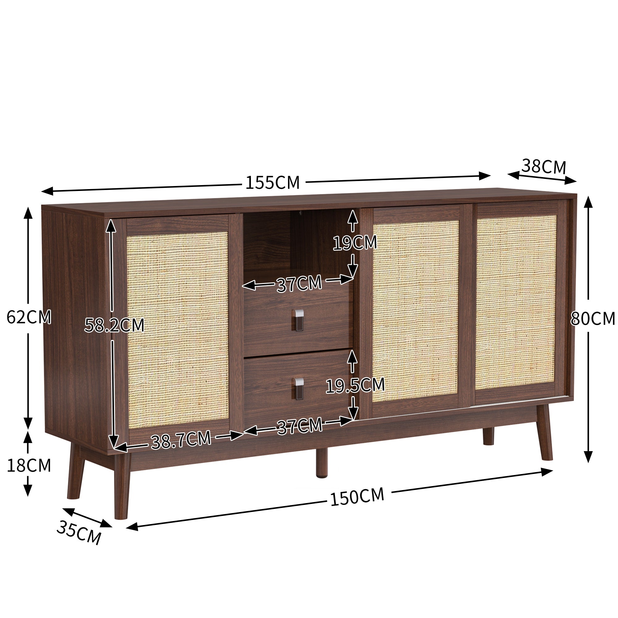 Logidon dressoir met rotan schuifdeuren en 2 lades 155x38x80 cm