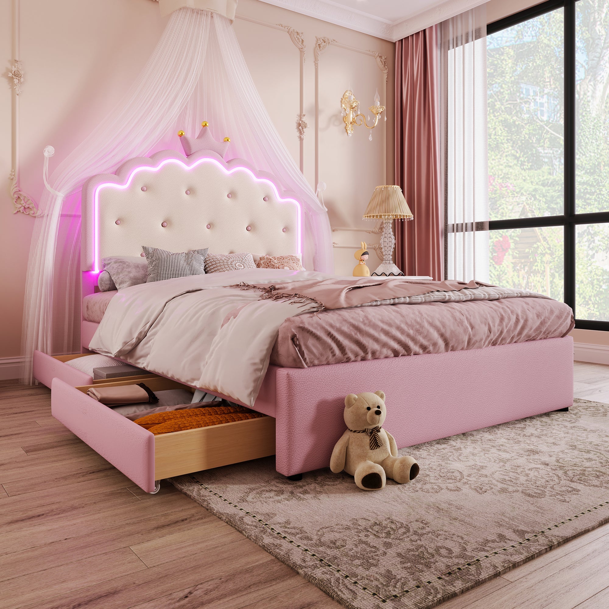 Logidon gestoffeerd bed 140x200 roze met lattenbodem LED-verlichting