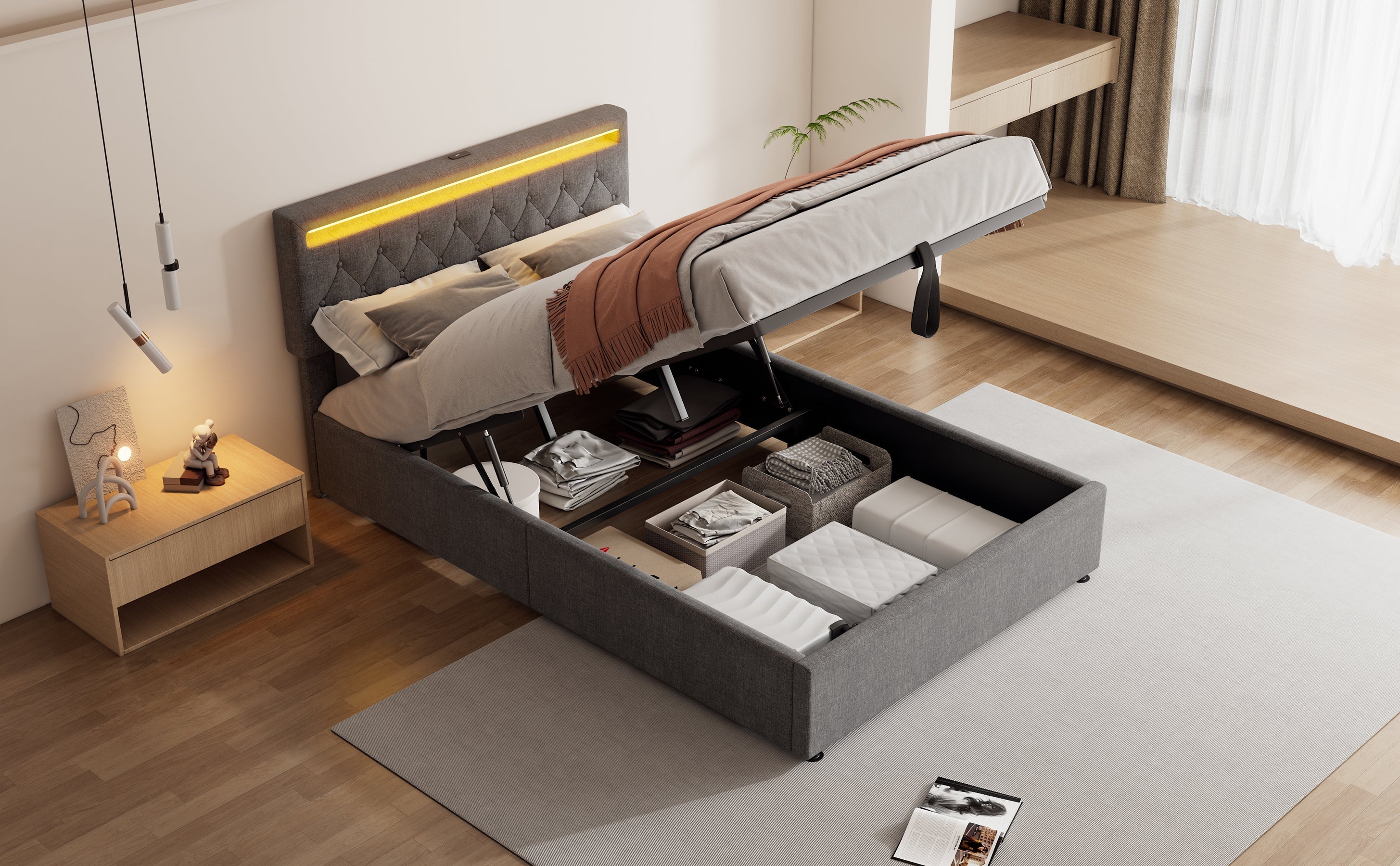 Logidon 140x200 cm gewatteerd bed met sfeerlichtopberger grijs