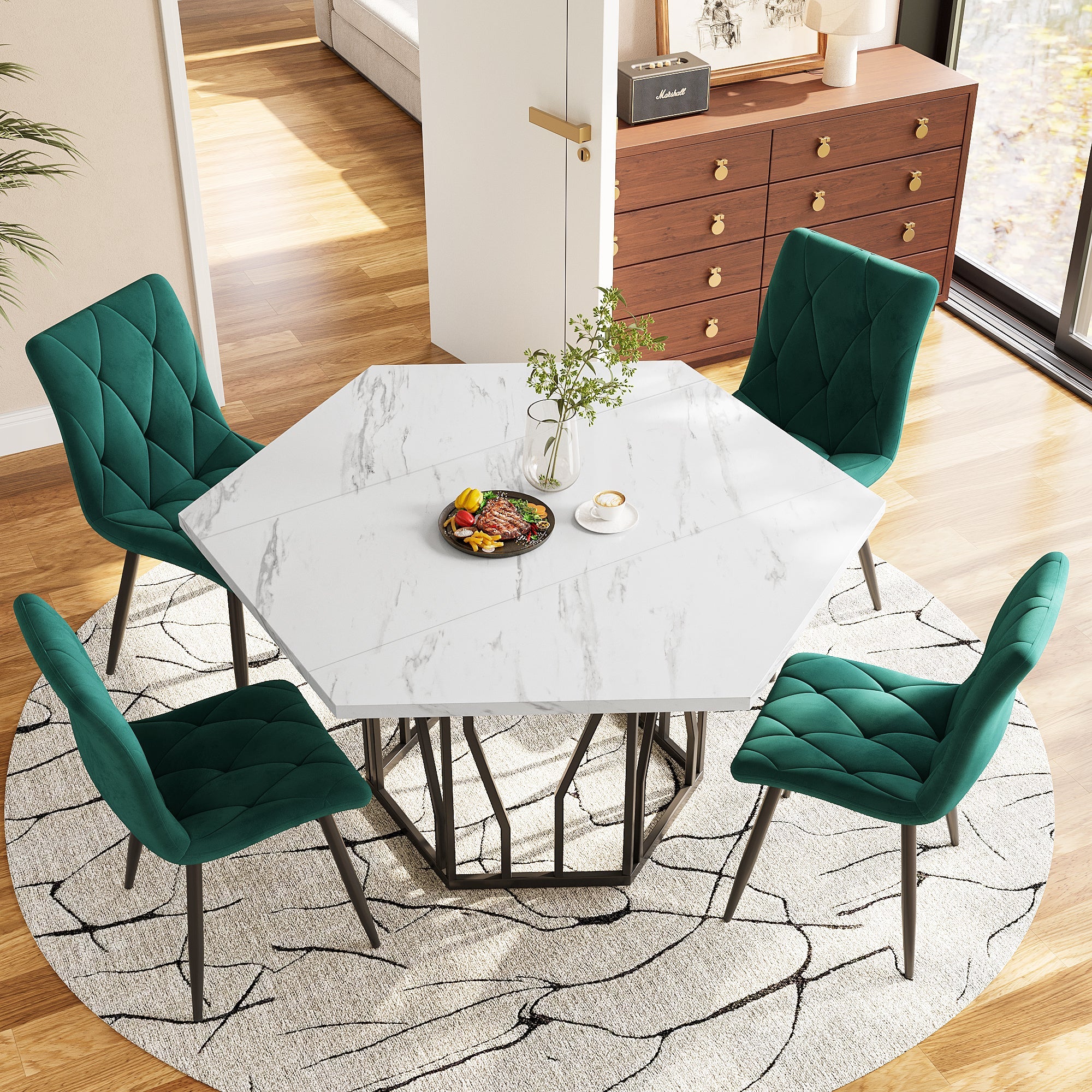 Logidon moderne zeshoekige marmeren tafel, 115,5 x 100 cm, zwart frame