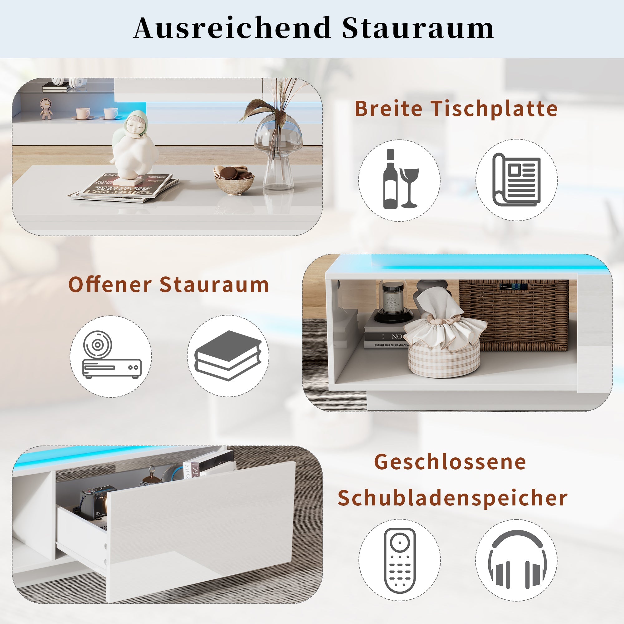 Logidon hoogglans witte salontafel met LED verlichting 100x50x40,3 cm