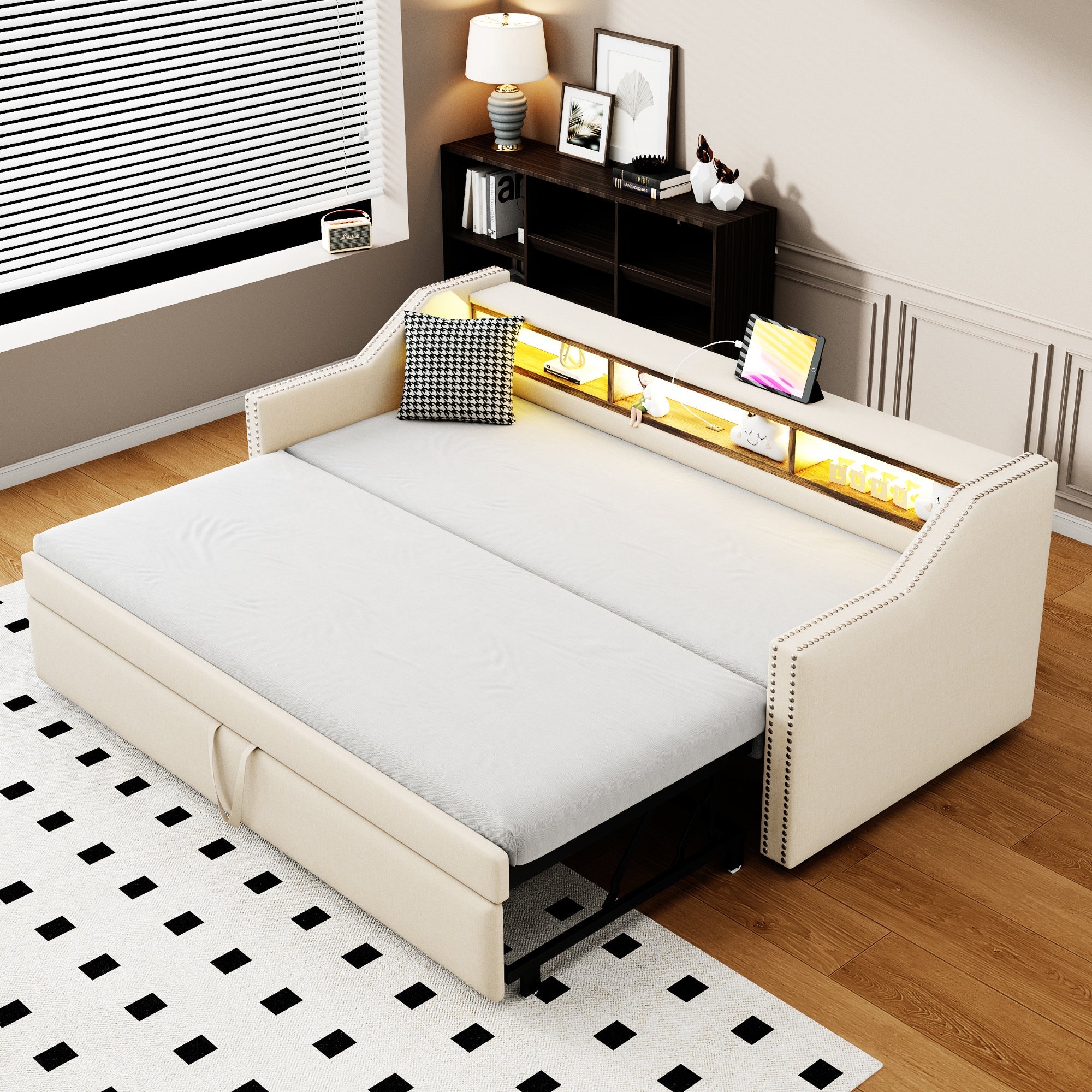 Logidon Upholstered Bed Extendable Sofa Bed 90/180 X 190 Beige Storage Compartment