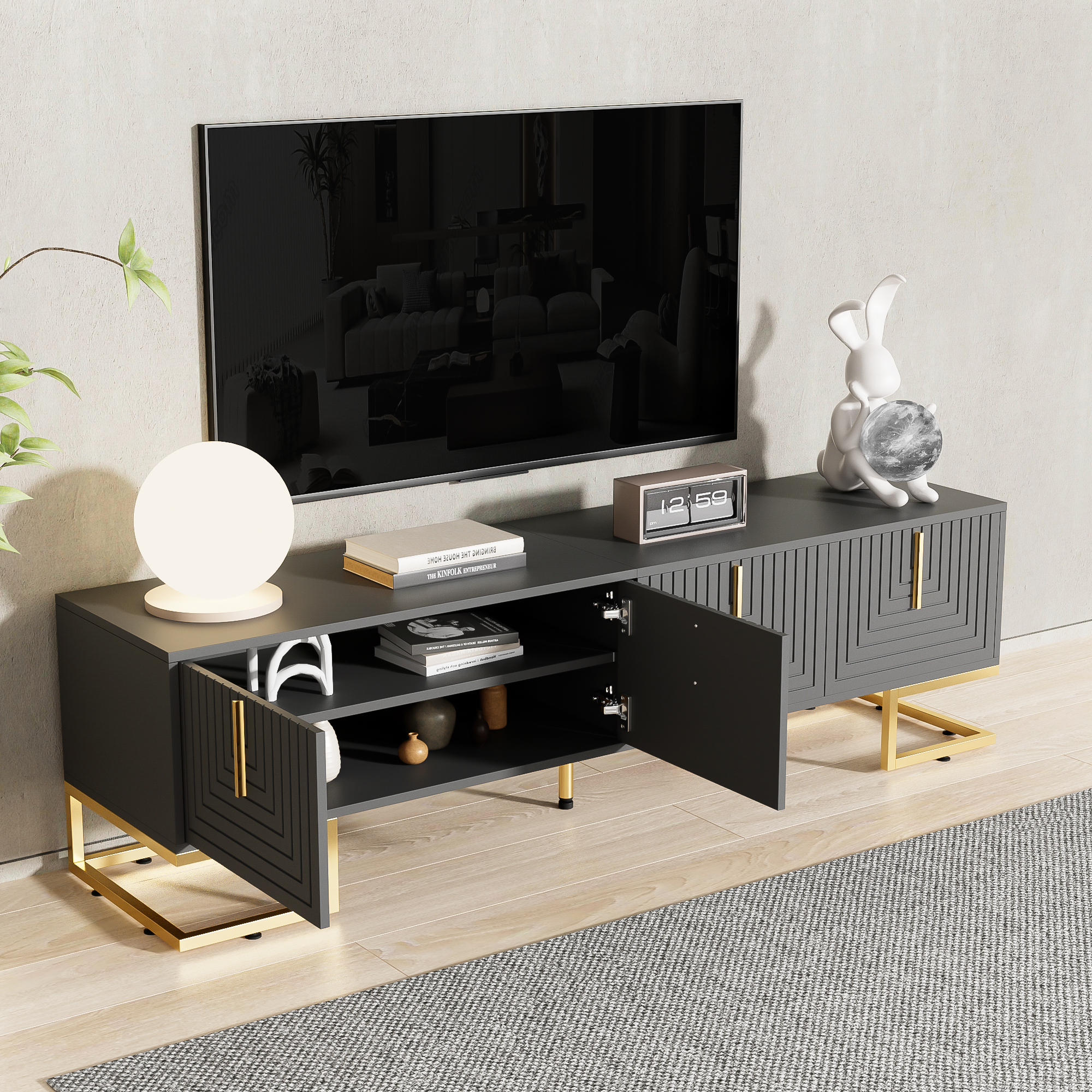 Logidon TV-meubel 170 cm Grijs Zwart met Gouden Accenten en Lades