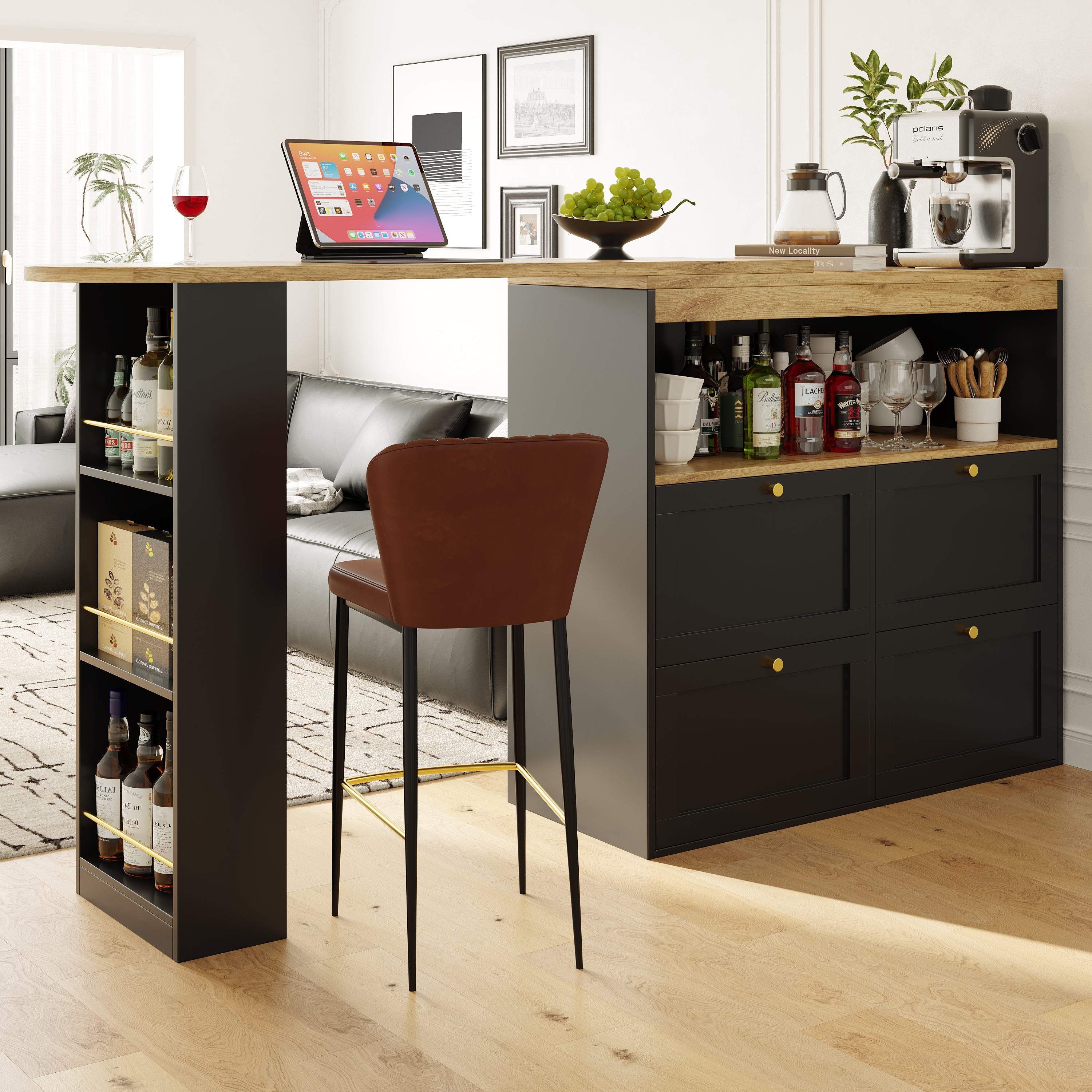 Logidon 360 graden draaibare eetbar zwart 138 cm - 4 lades