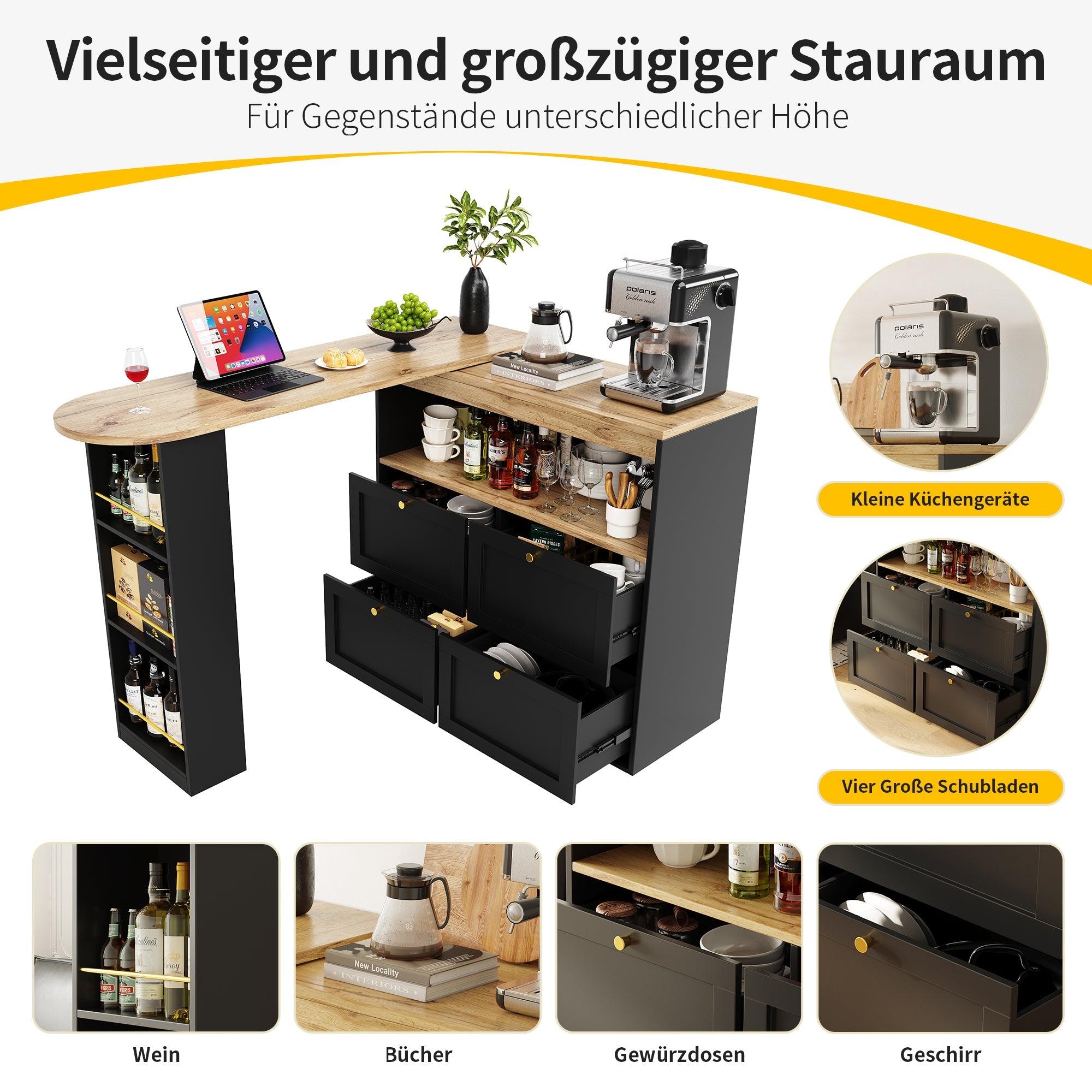 Logidon 360 graden draaibare eetbar zwart 138 cm - 4 lades