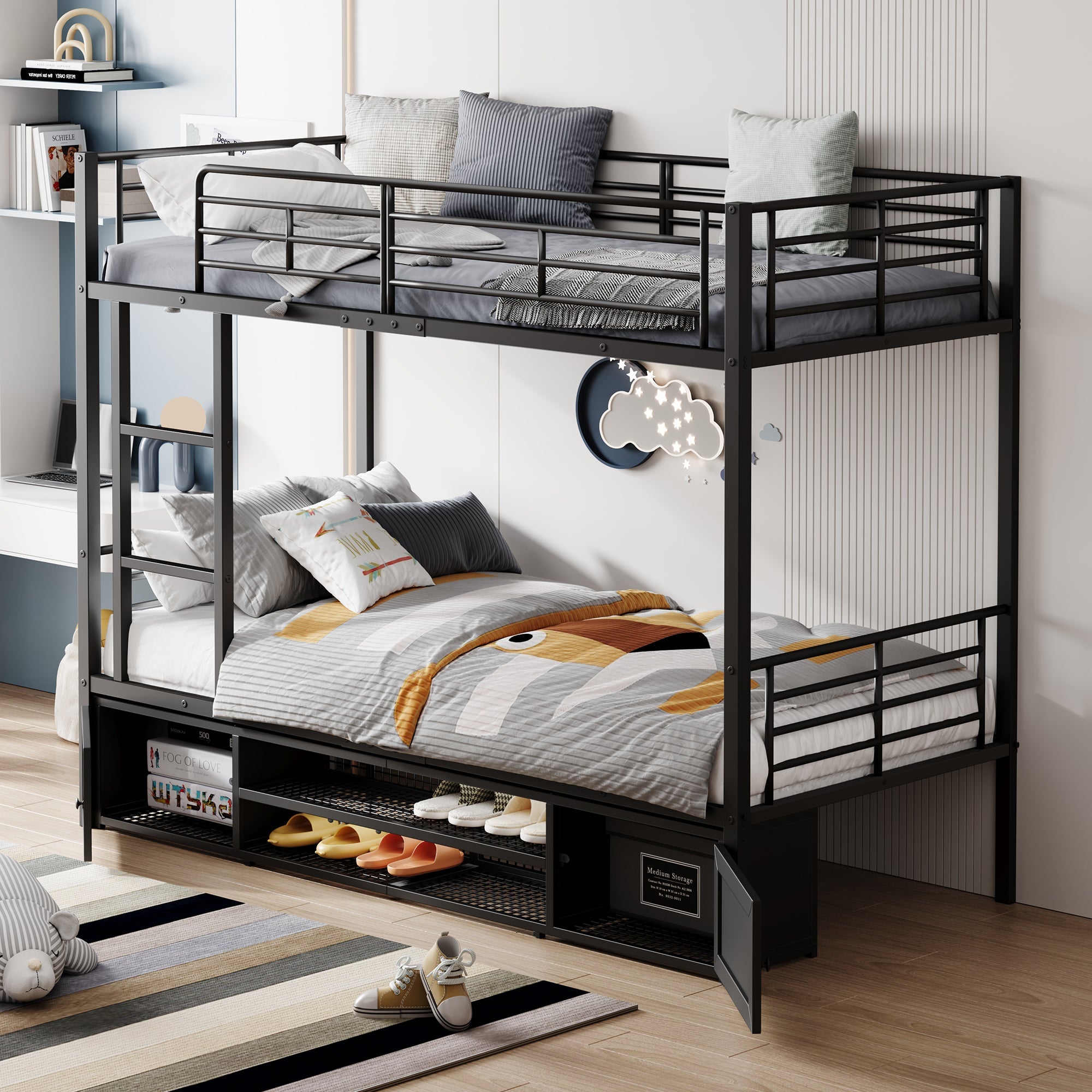 Logidon stapelbed ijzeren frame zwart 90x200 cm met schoenenrek