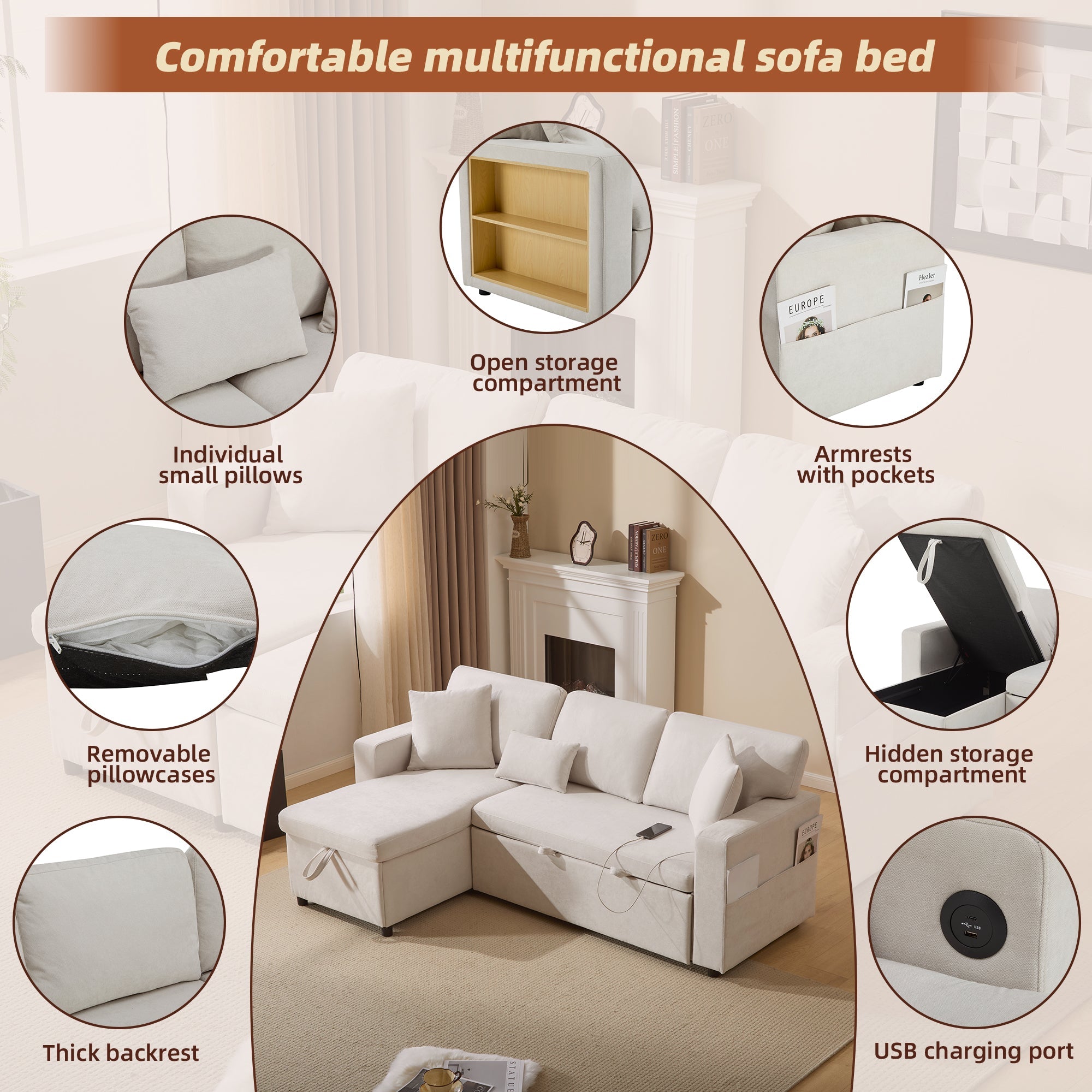 Logidon corner sofa bed L-shape extendable beige with bed box shelf