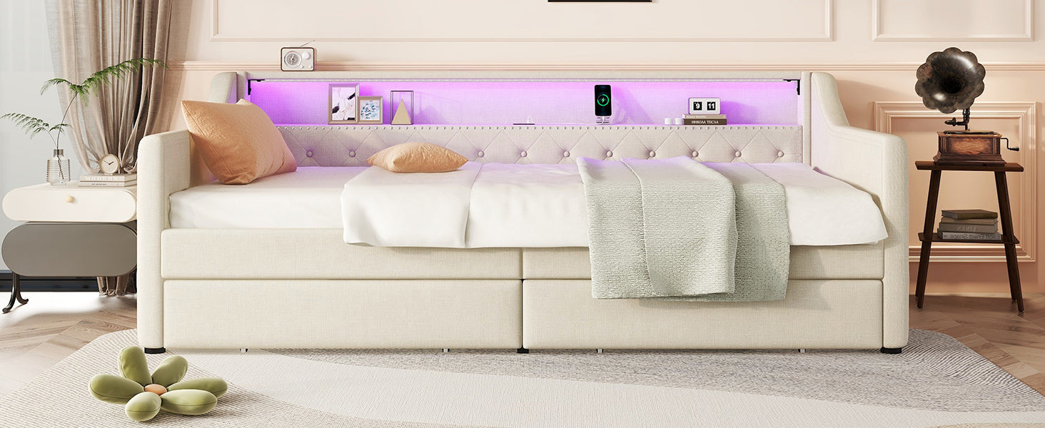 Logidon Daybed 90x200 beige slaapbank met lattenbodem USB-oplaadaansluiting