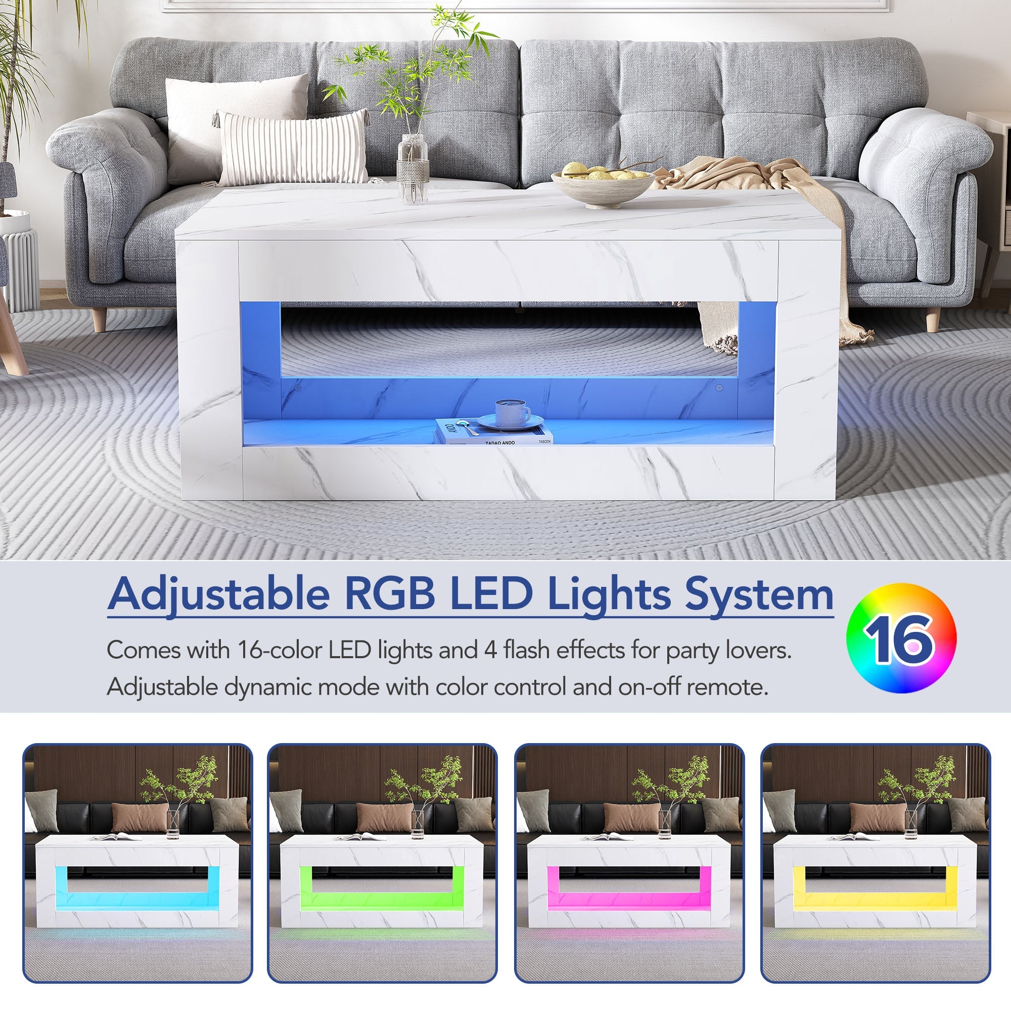 Logidon LED salontafel wit hoogglans marmer effect met afstandsbediening