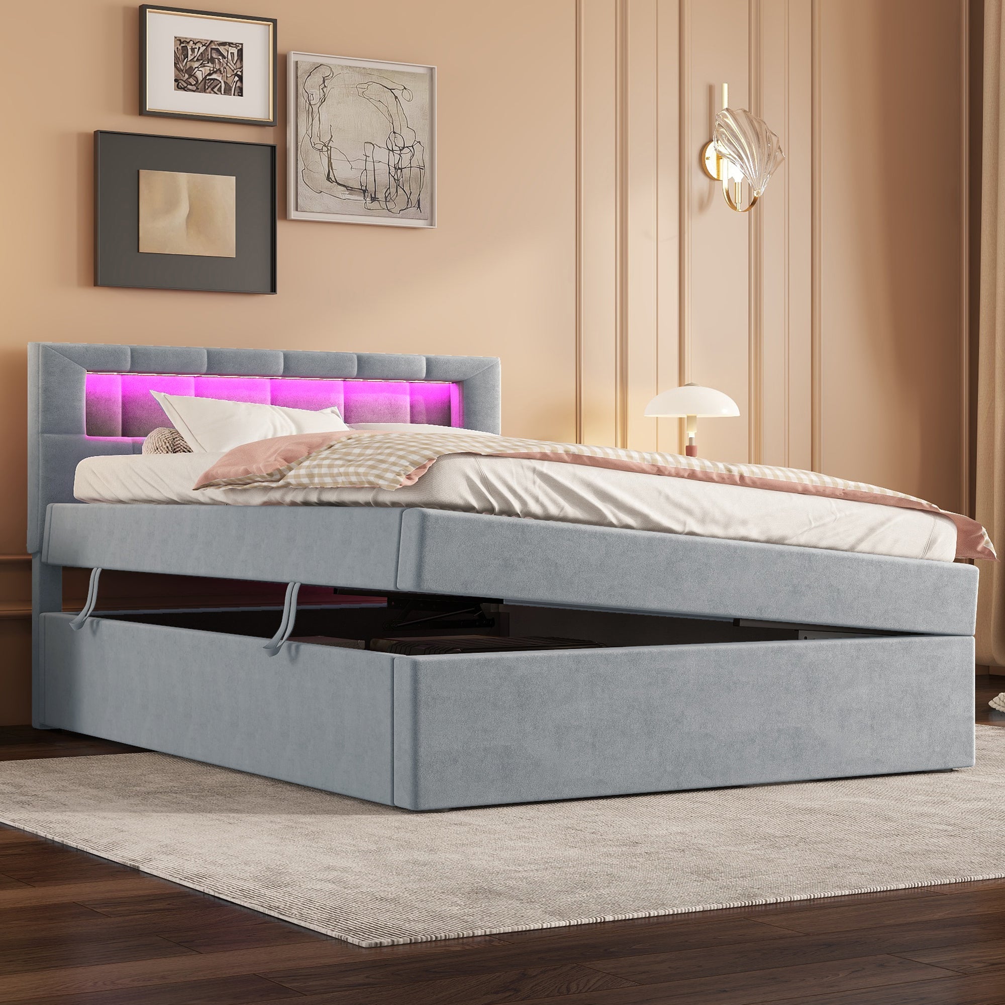 Logidon flat bed 90x200 velvet gray ambient light headboard