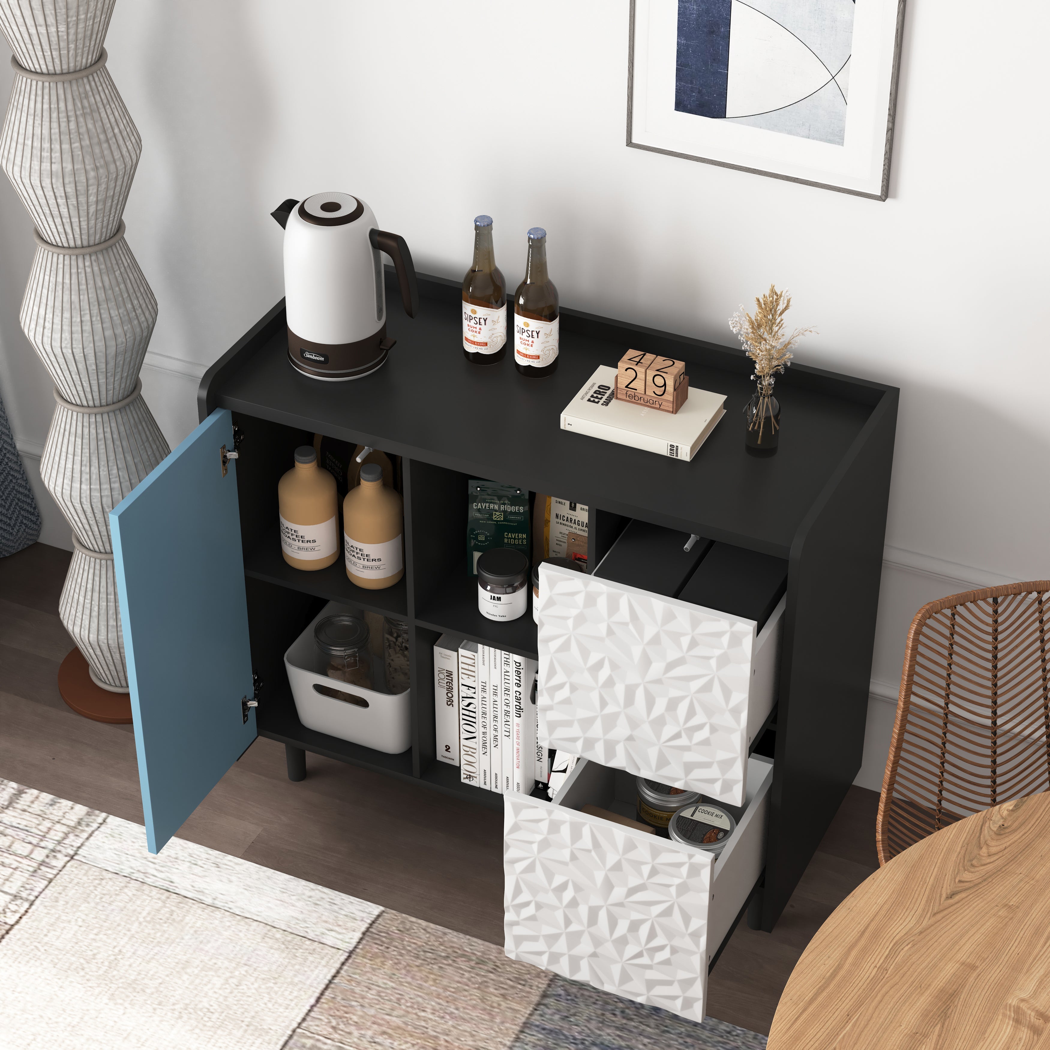 Logidon Dressoir Buffetkast 90 cm Blauw Wit Geometrische Fronten