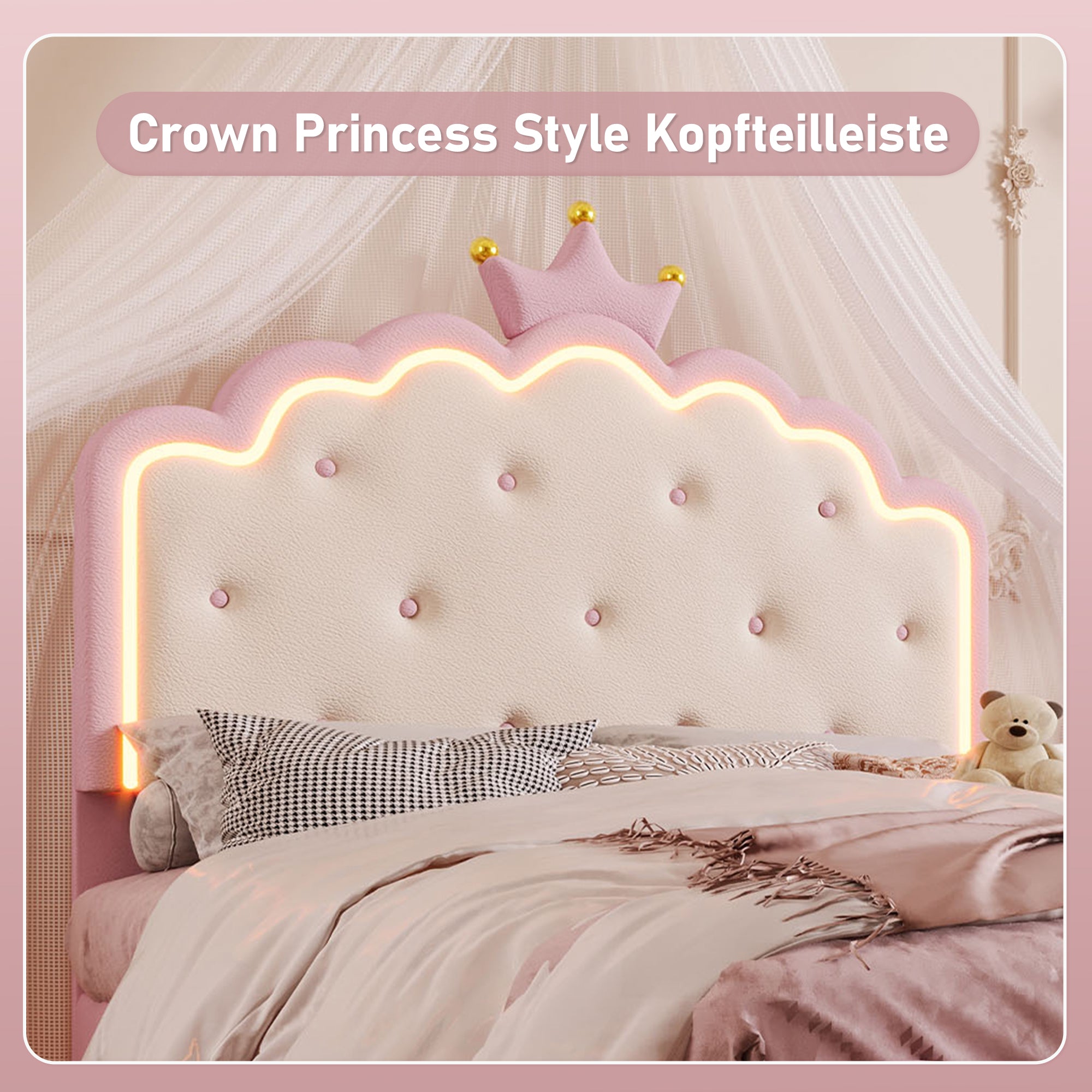 Logidon gestoffeerd bed 140x200 roze met lattenbodem LED-verlichting