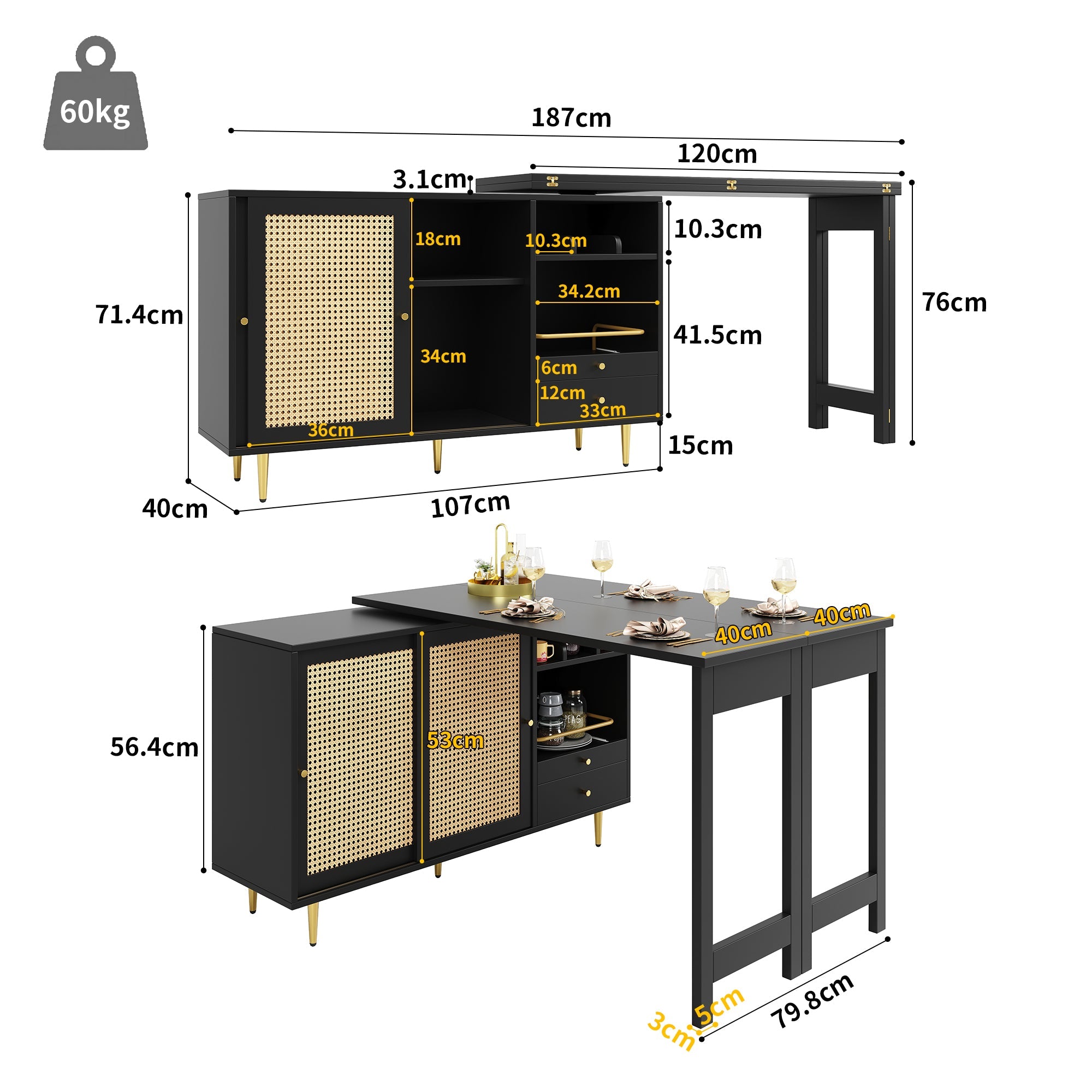 Logidon 360 graden draaibare bartafel met rotan deuropbergruimte zwart