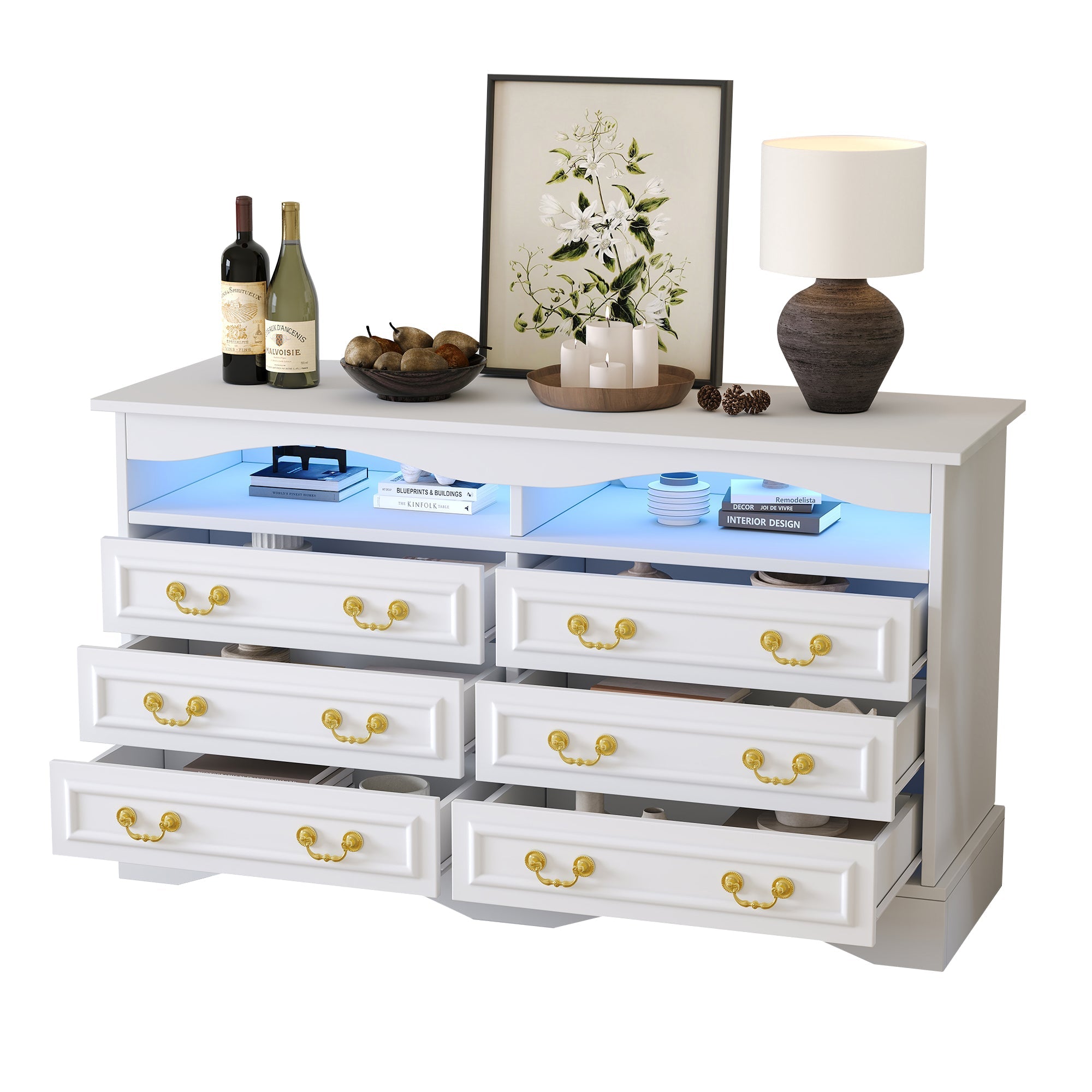 Logidon Dressoir 120x40x70 met LED-licht en halfopen opbergruimte Wit