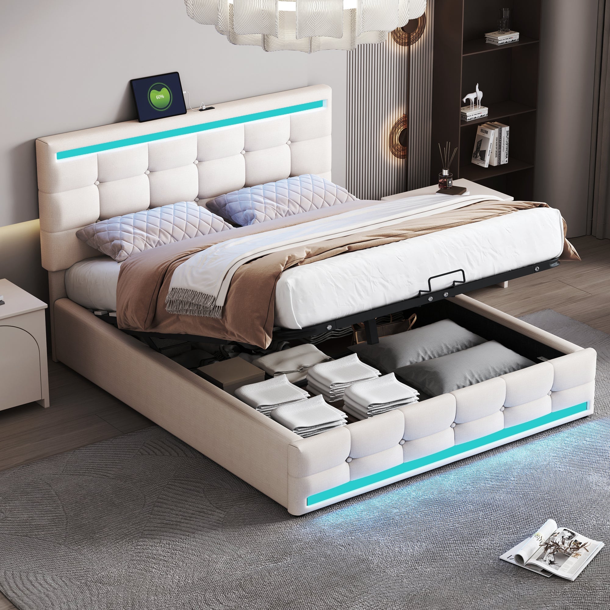 Logidon gestoffeerd bed 140x200 beige met LED verlichting en opbergruimte