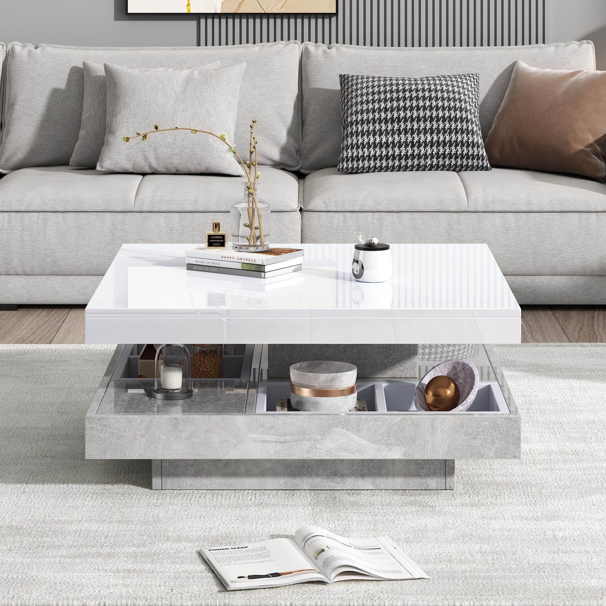 Logidon 360 graden draaibare salontafel 70x70x36 cm wit hoogglans