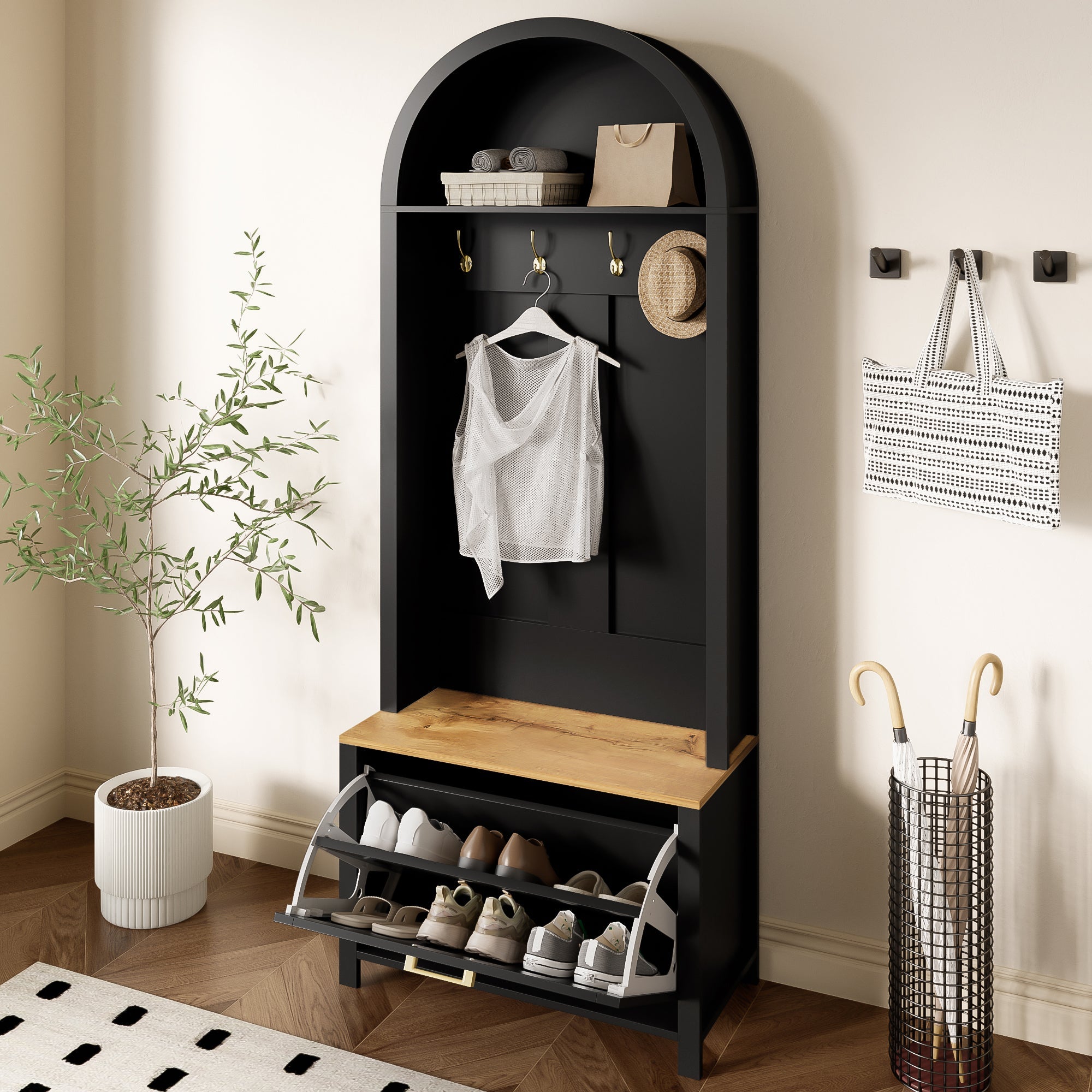 Logidon Garderobekast Zwart 75x35x195 cm Halboom met Schoenenrek