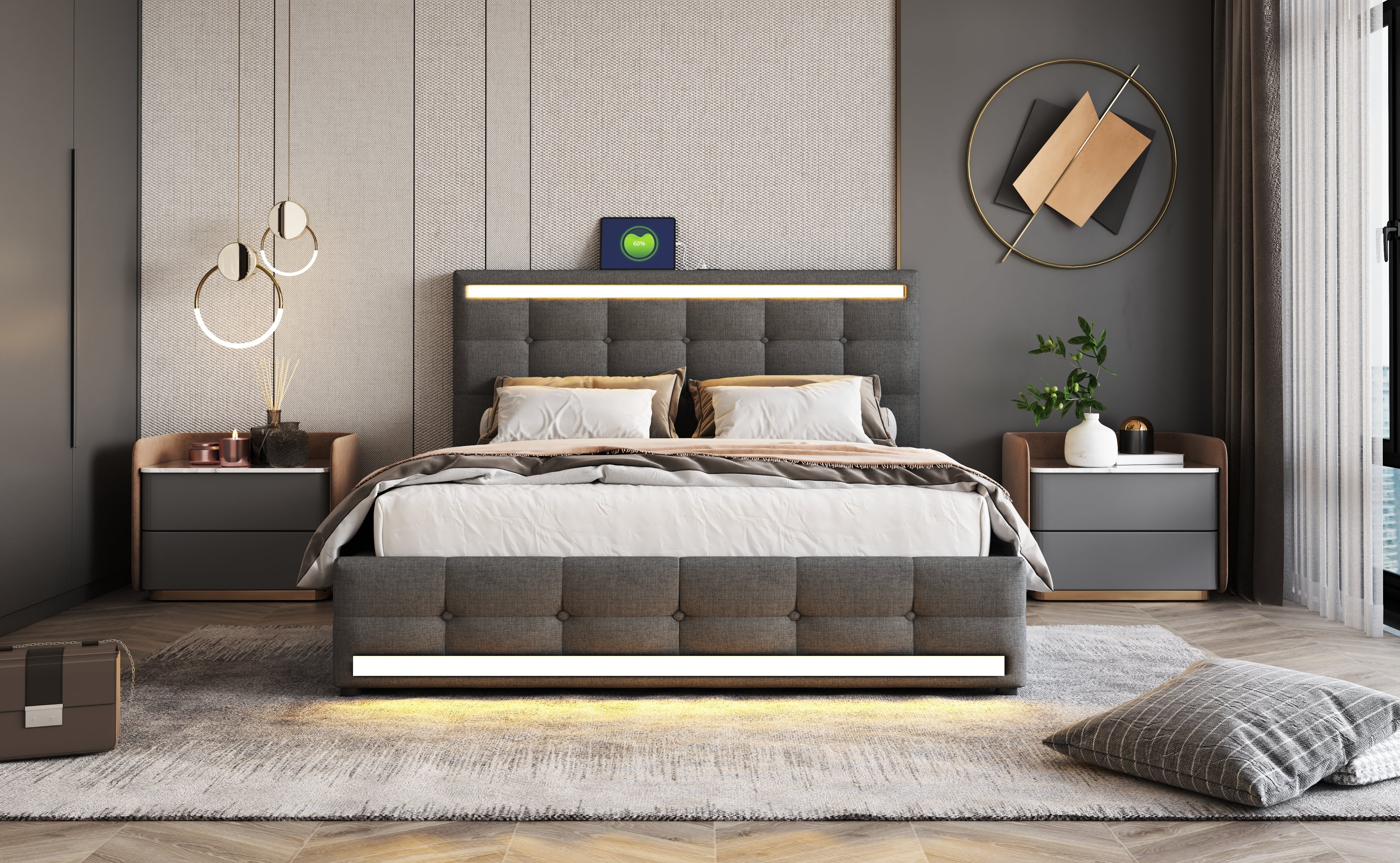 Logidon gestoffeerd bed 140x200 LED, opbergruimte, USB, grijs