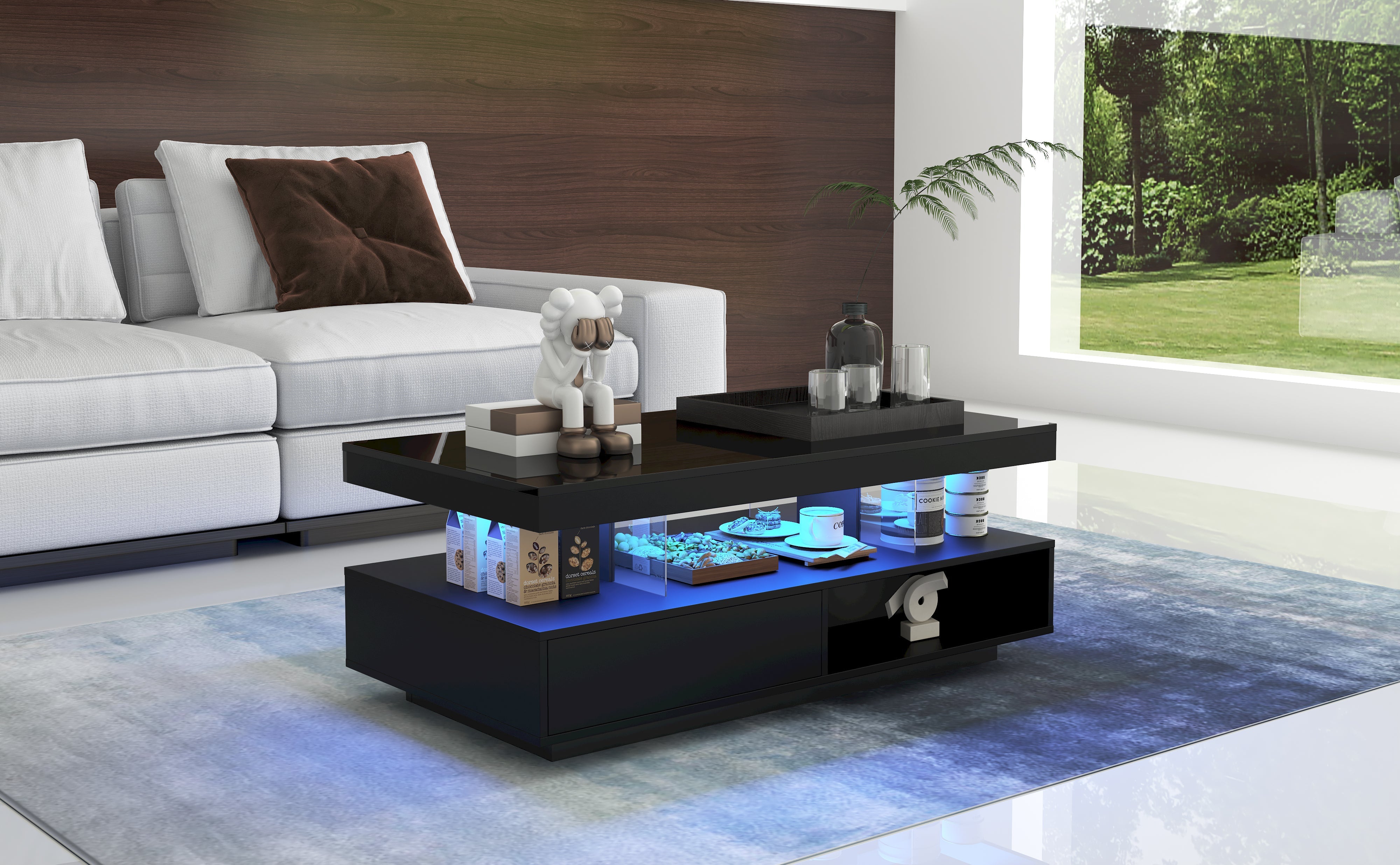 Logidon hoogglans salontafel zwart 95x50x42,5 cm glazen bladen