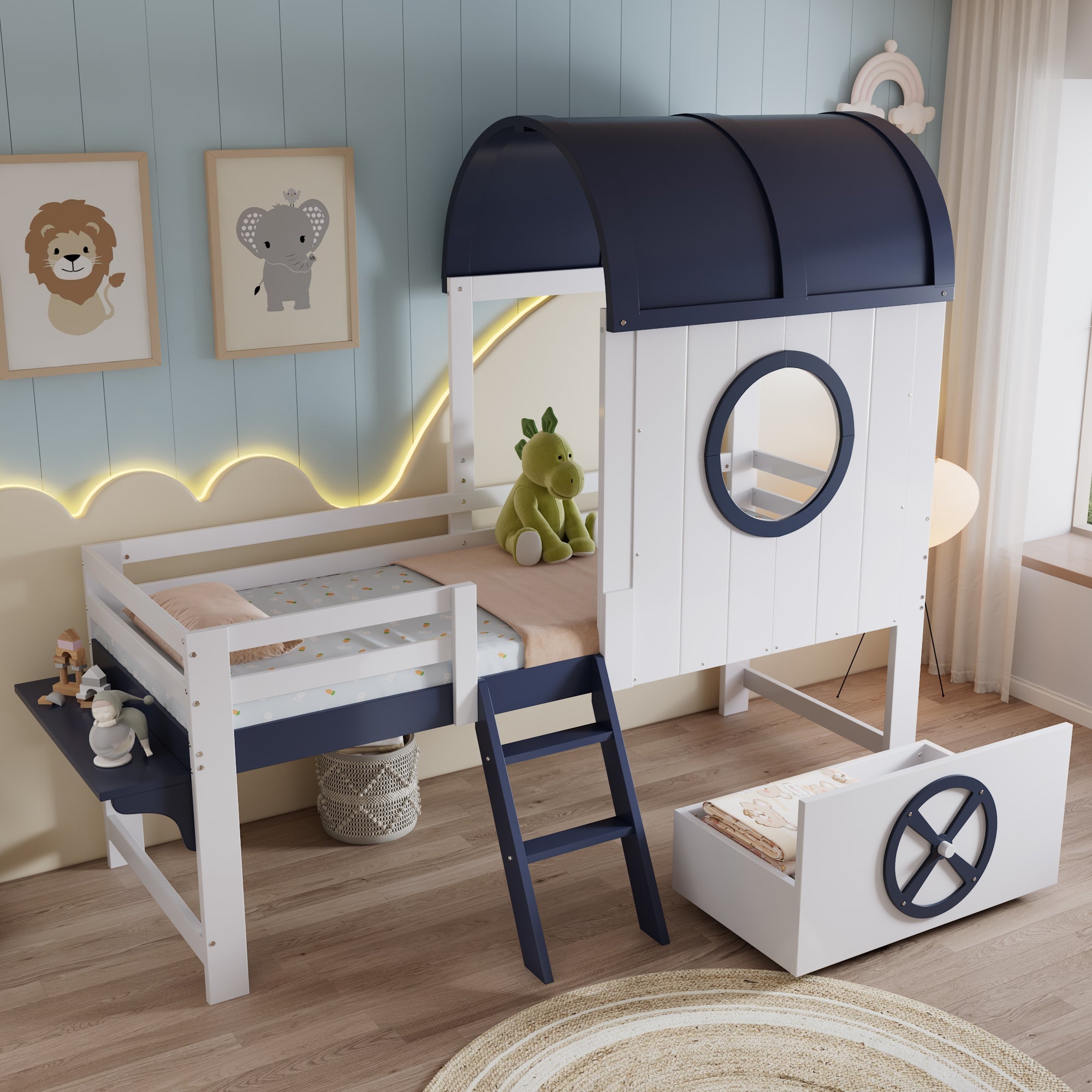 Logidon stapelbed halfhoogslaper 90x200 wit donkerblauw dakraam