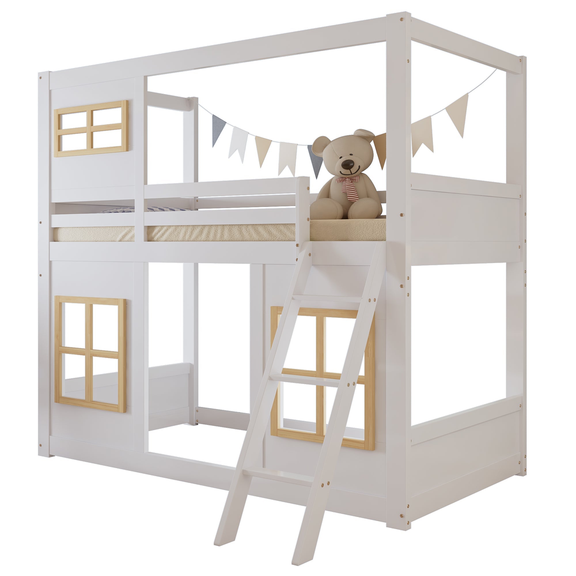 Logidon stapelbed 90x200 wit naturel met vierzijdig hekwerk