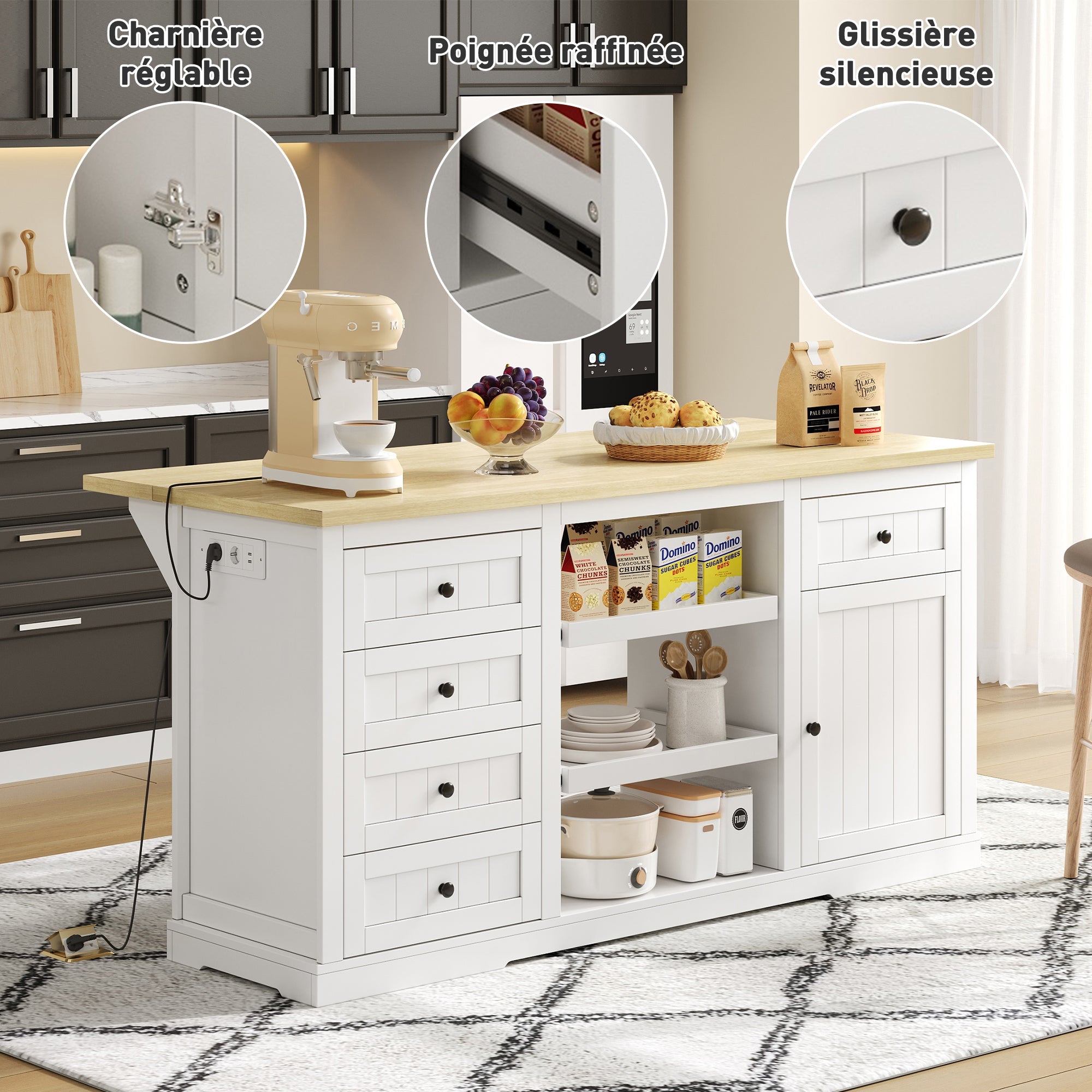 Logidon dressoir keukeneiland wit houten blad 5 laden 150x65x75 cm