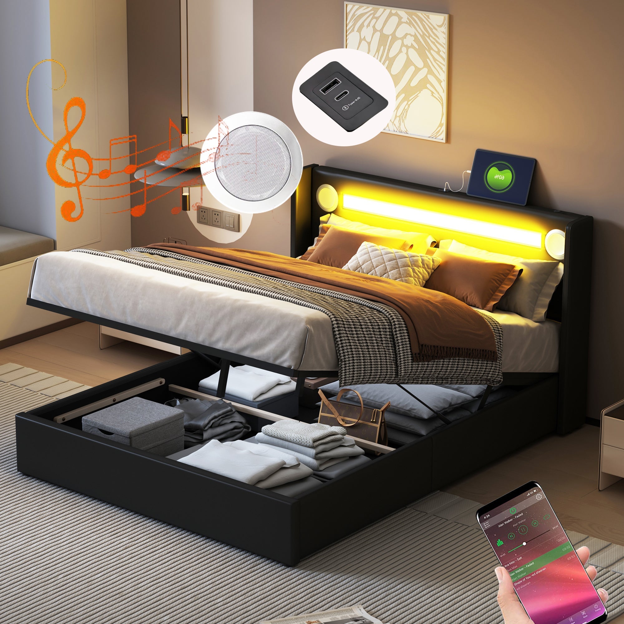 Logidon gestoffeerd bed 140x200 zwart met LED lichtstrip Bluetooth en USB
