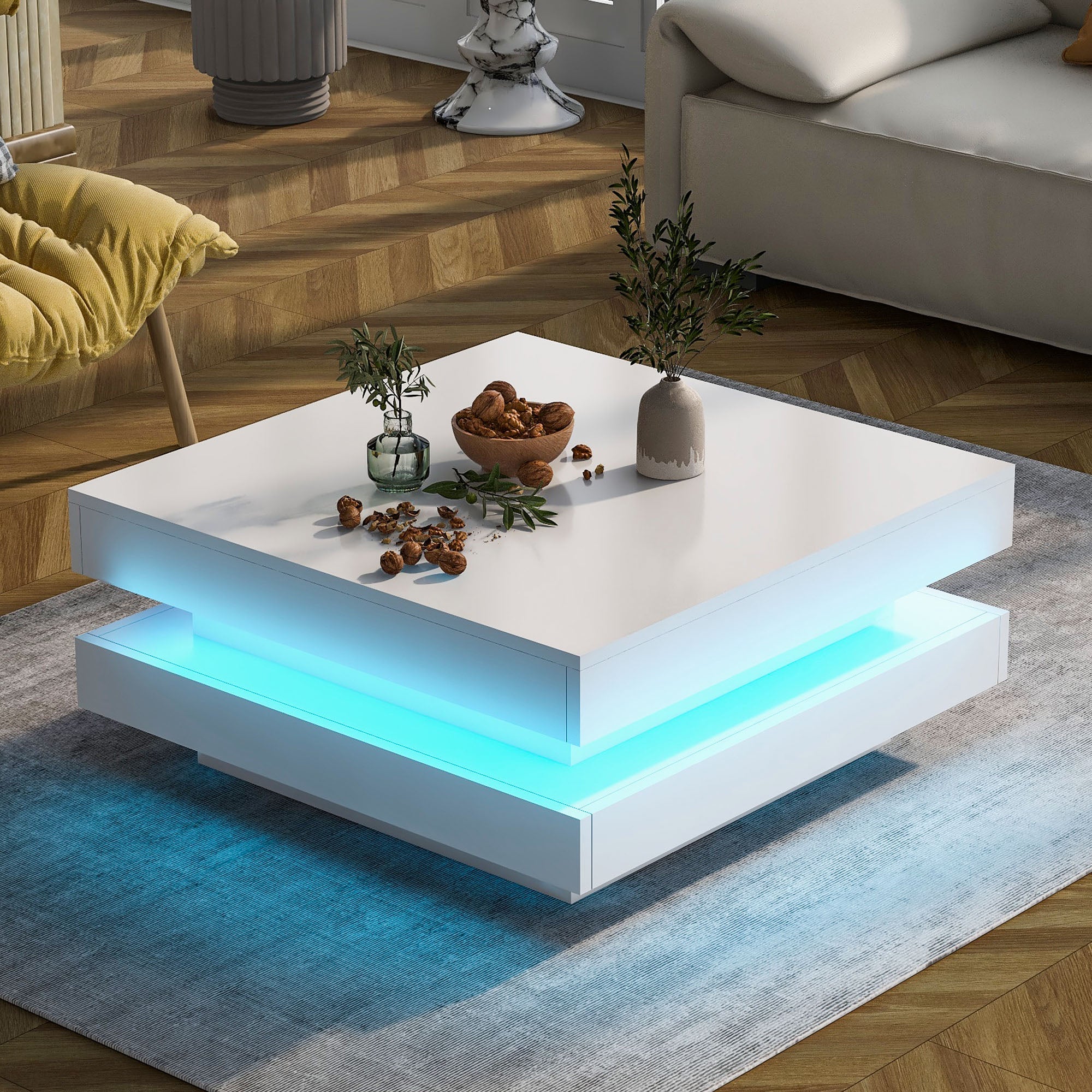 Logidon witte hoogglans salontafel 70x70x36 cm met draaiplaat en 16-kleuren LED