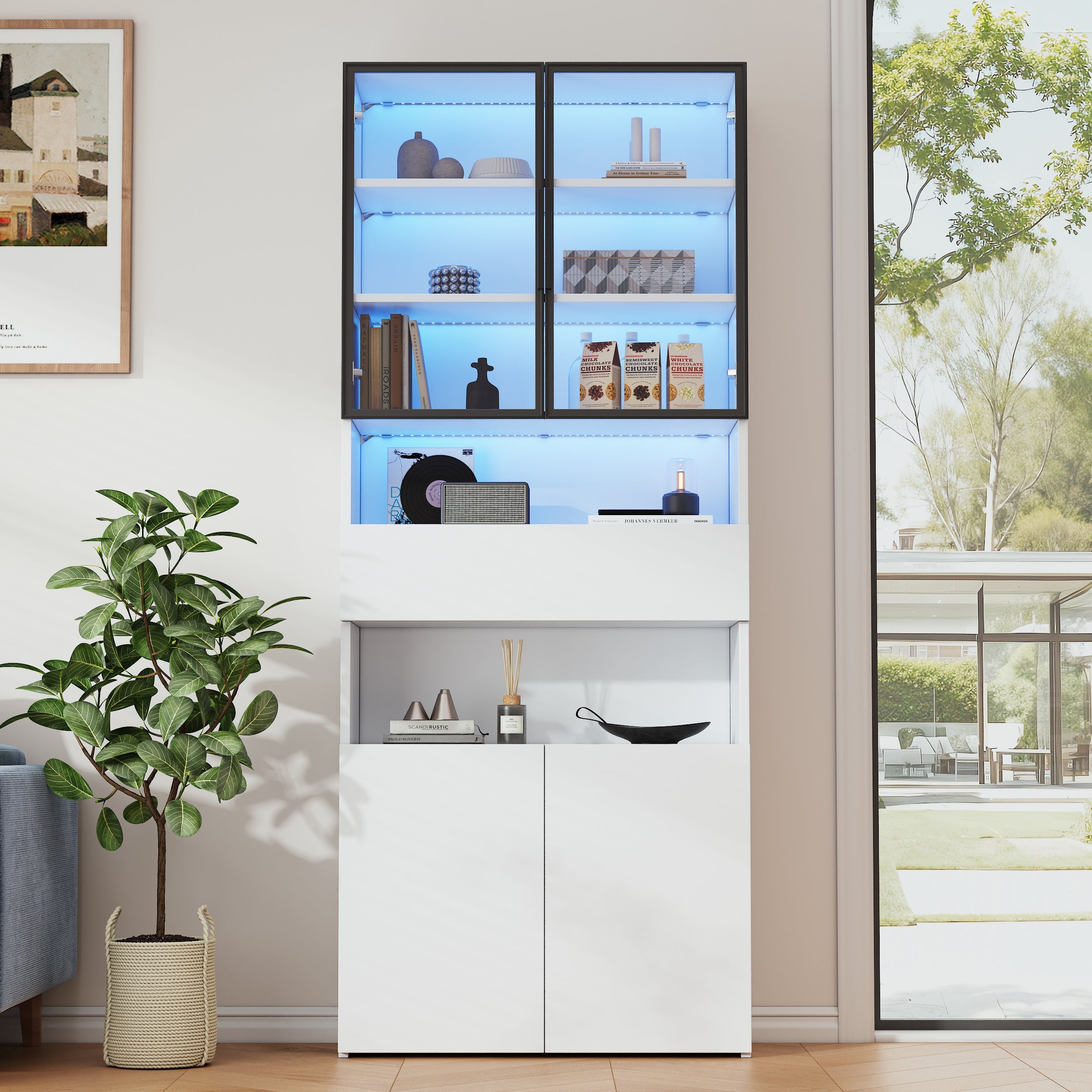 Logidon vitrinekast 70x30x200 cm witte LED glazen vitrinekast met lade